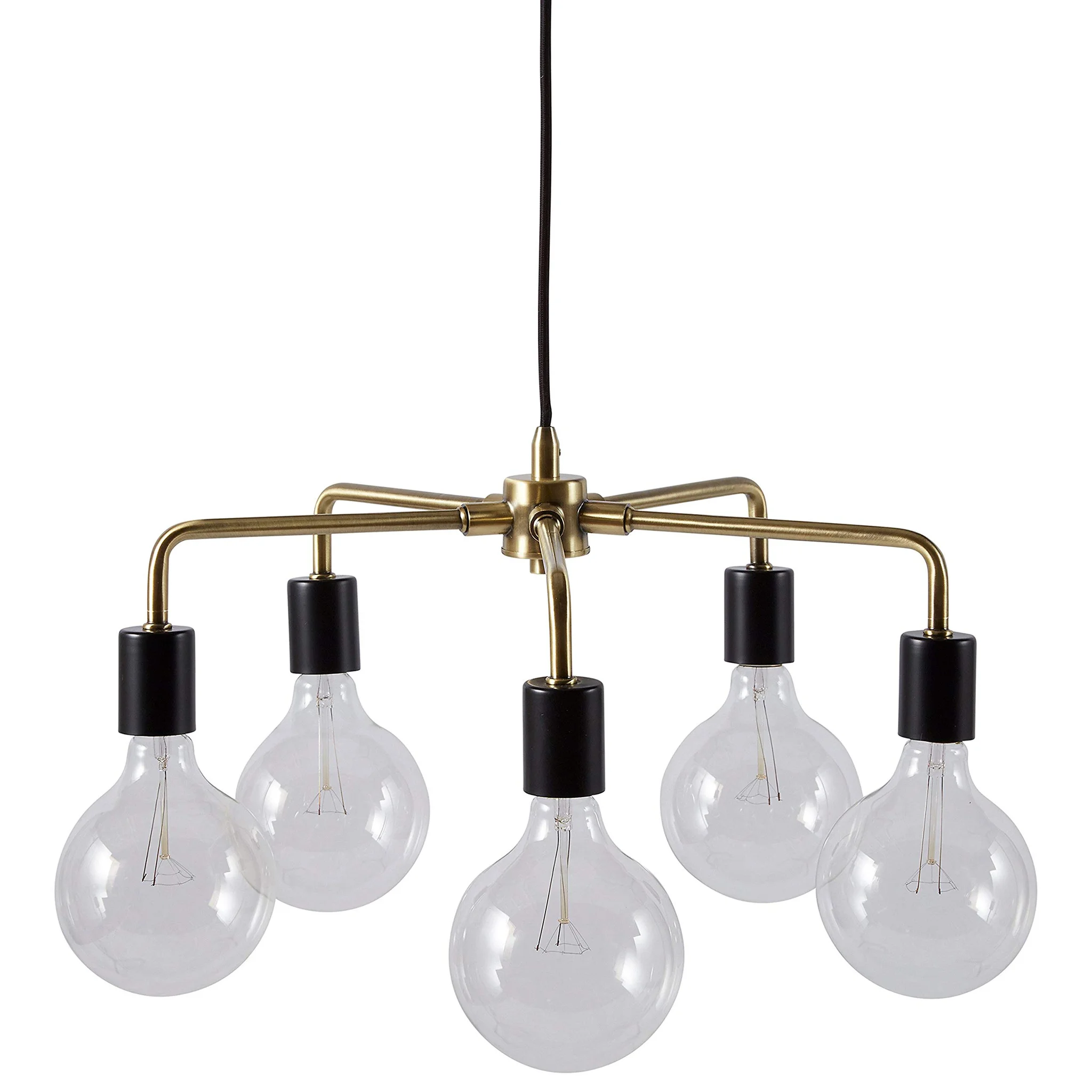 Mid-Century Modern 5-Arm Brass Pendant Chandelier with Edison Bulbs