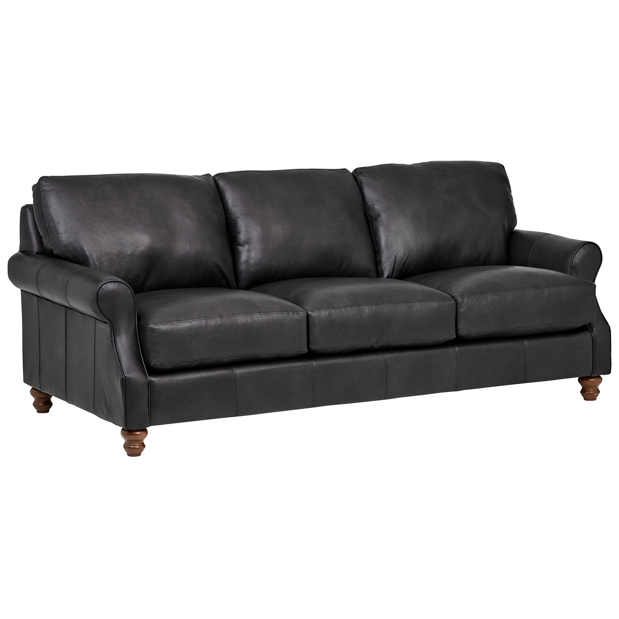 Classic Oversized Black Leather Sofa with Rolled Arms and Turned Wood Legs