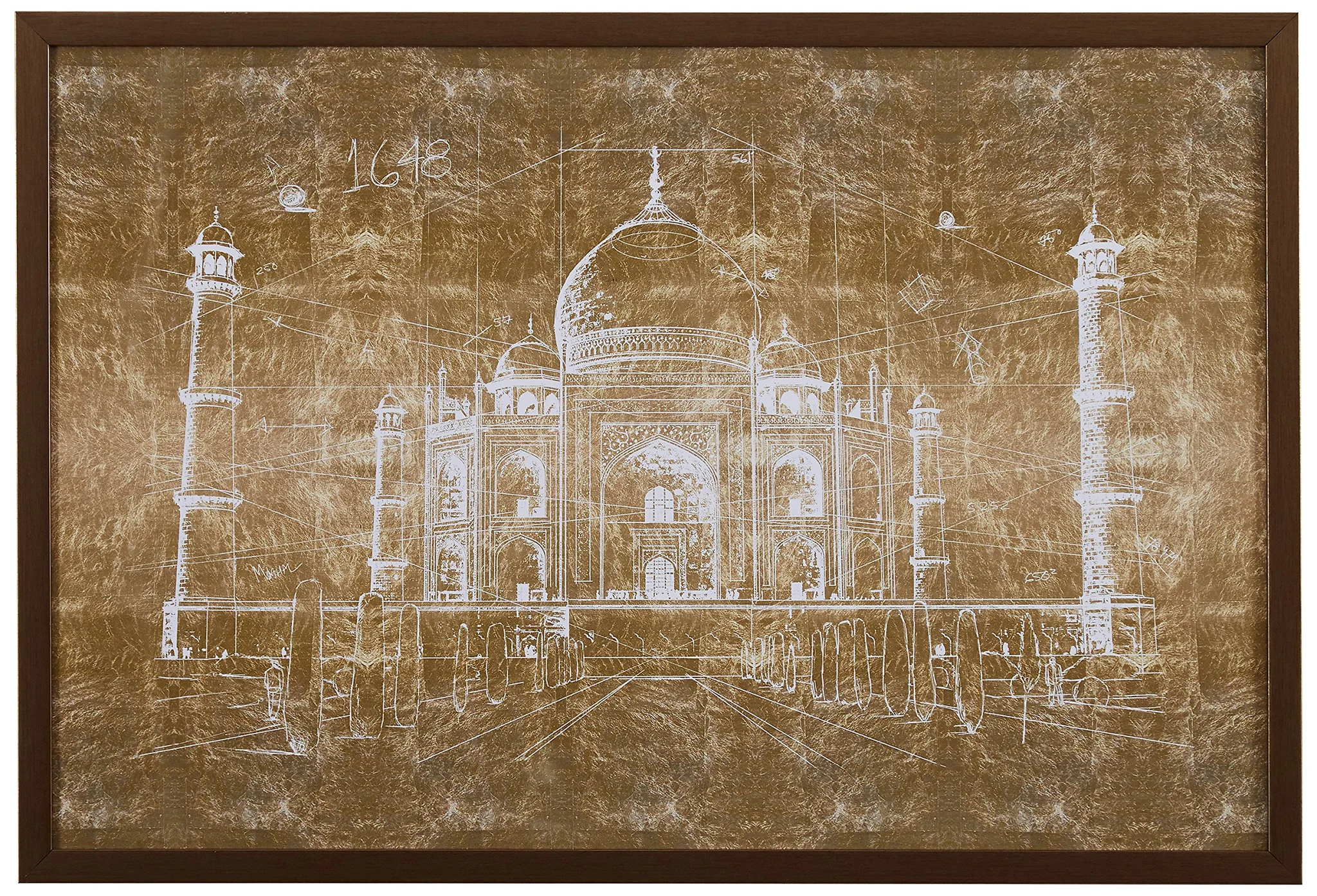 Taj Mahal Architectural Blueprint Wall Art in Bronze Frame