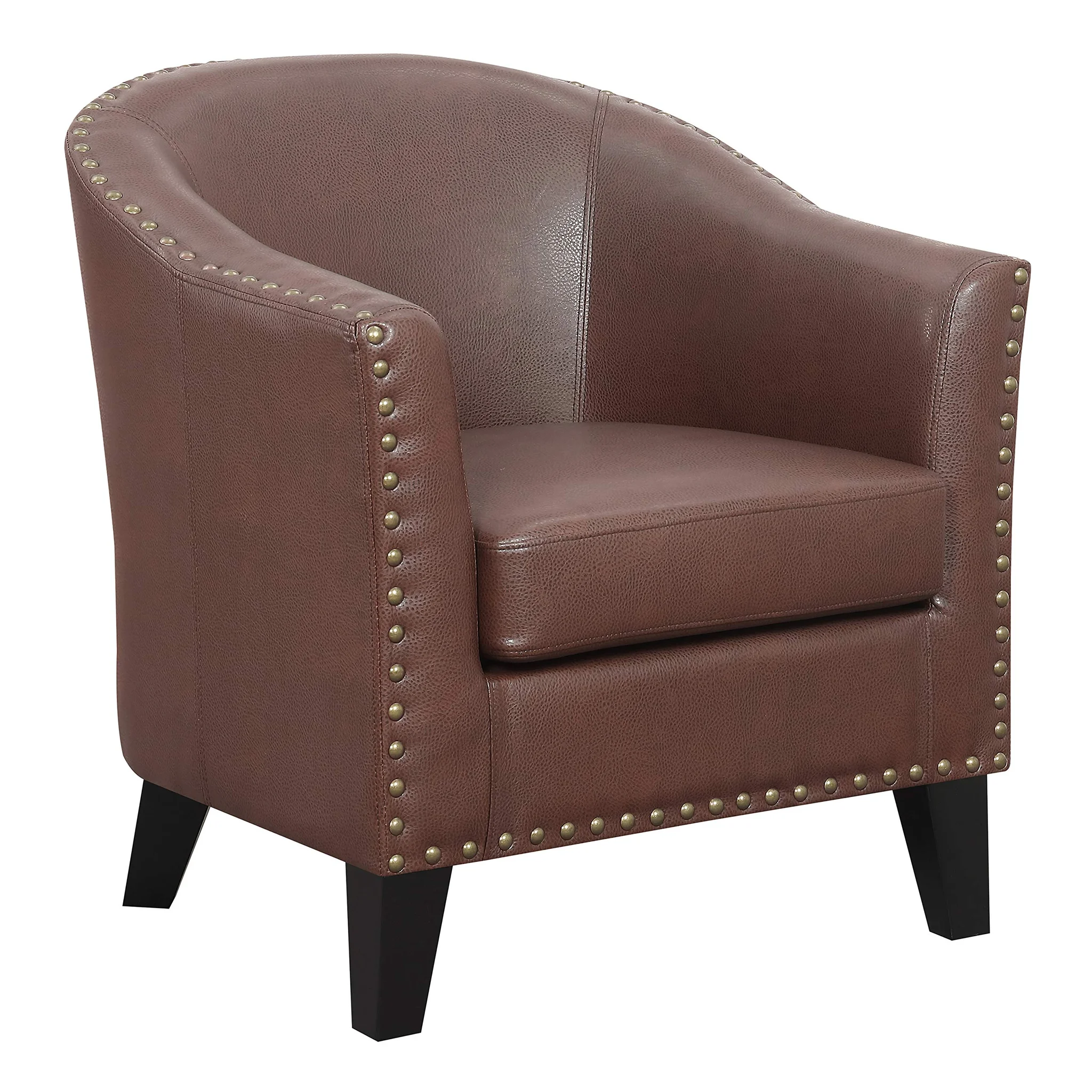 Brown Faux Leather Barrel Club Accent Chair with Nailhead Trim