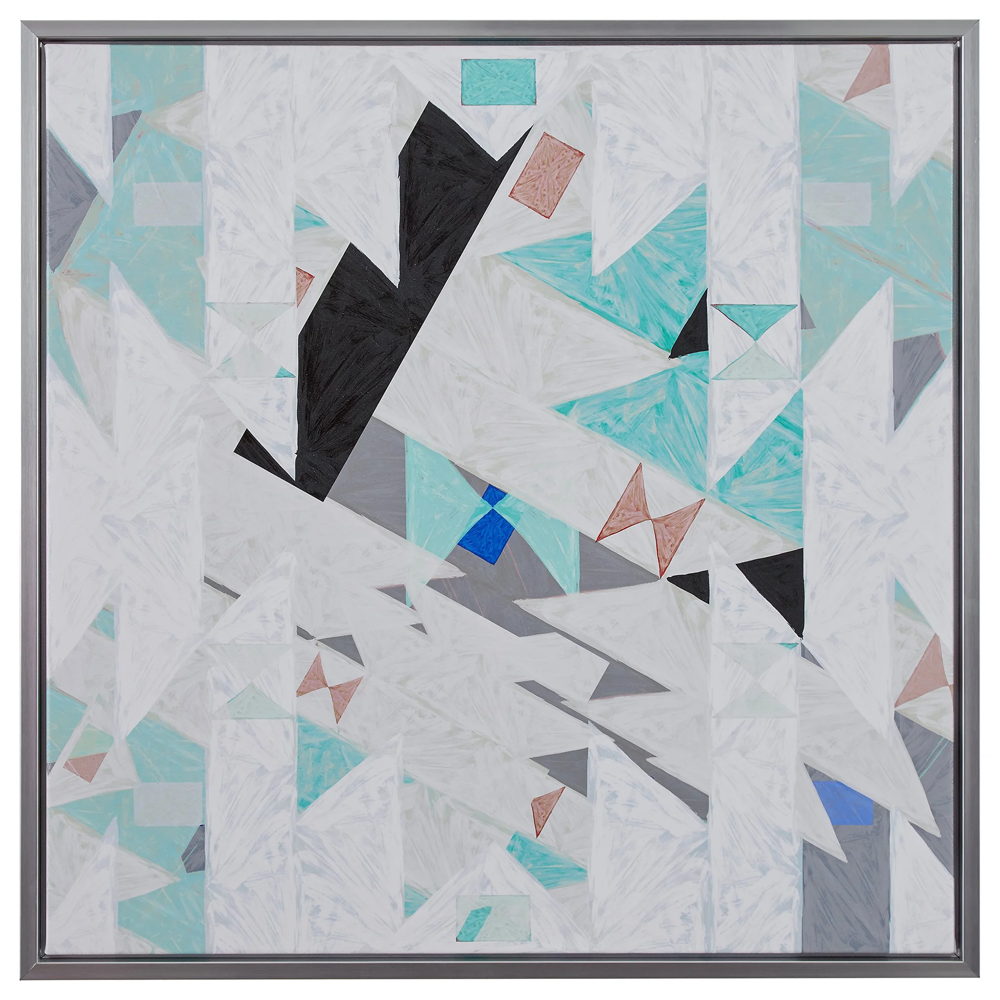Geometric Aqua and Black Abstract Canvas Wall Art in Silver Frame
