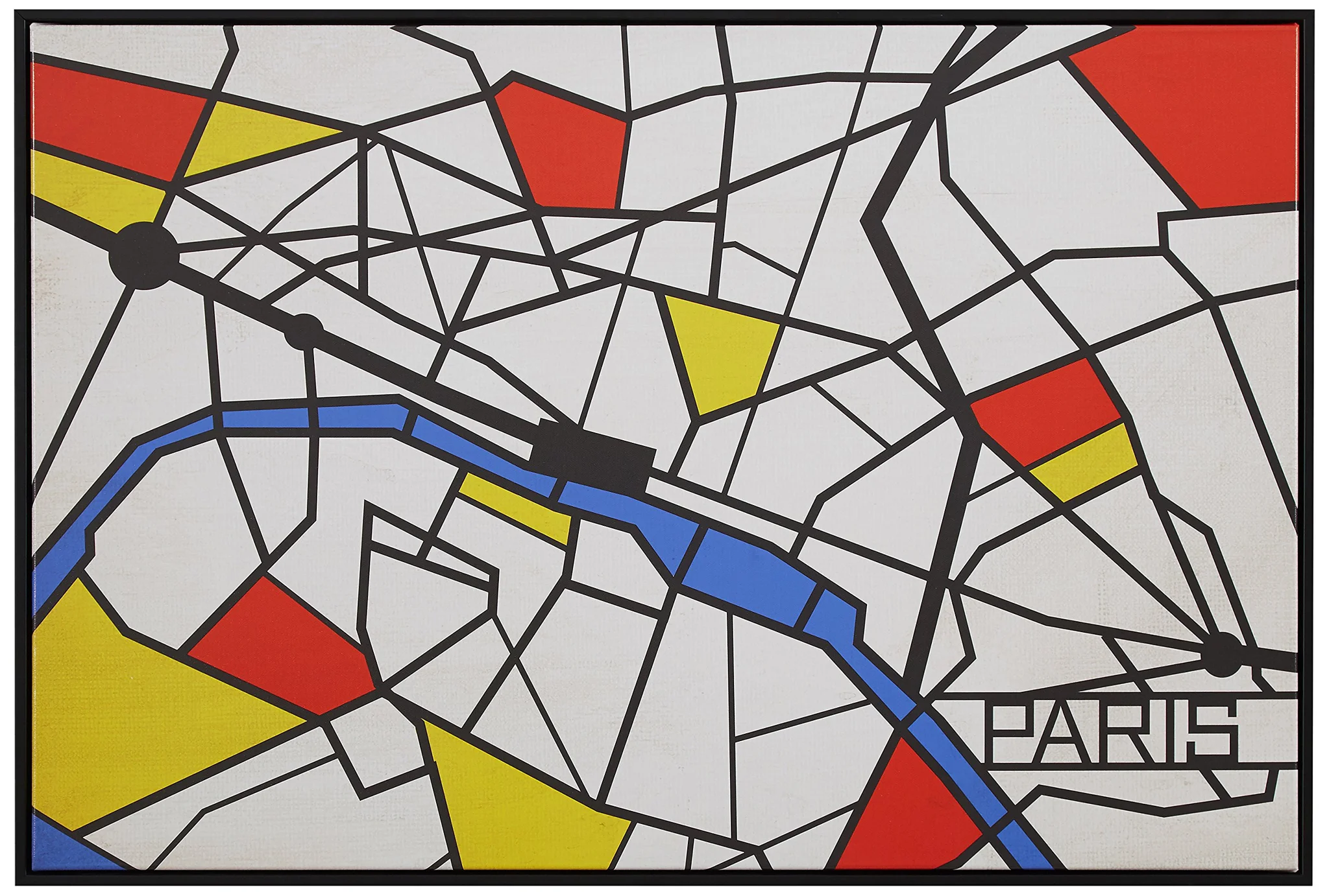 Mondrian-Style Paris Map Wall Art Print in Black Frame