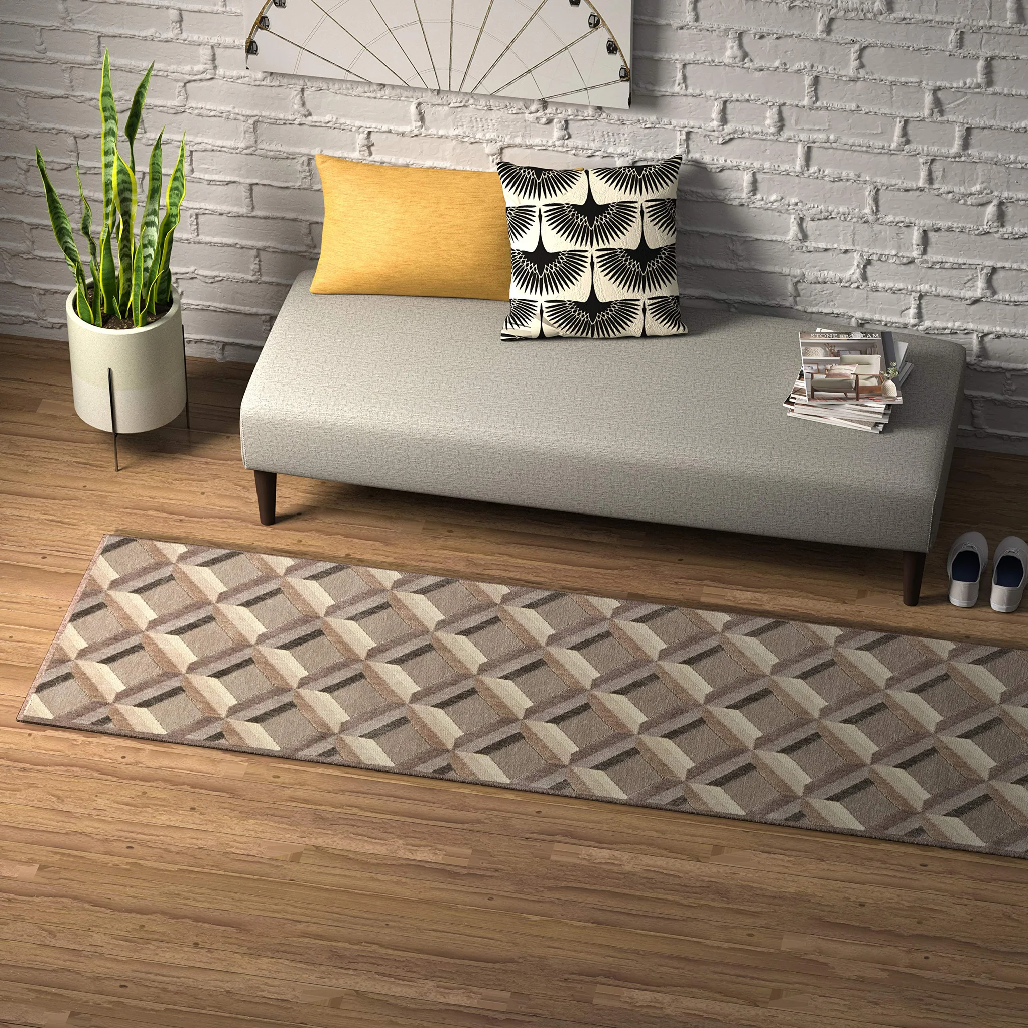 Modern Geometric Runner Rug – Stone Grey Grid Pattern