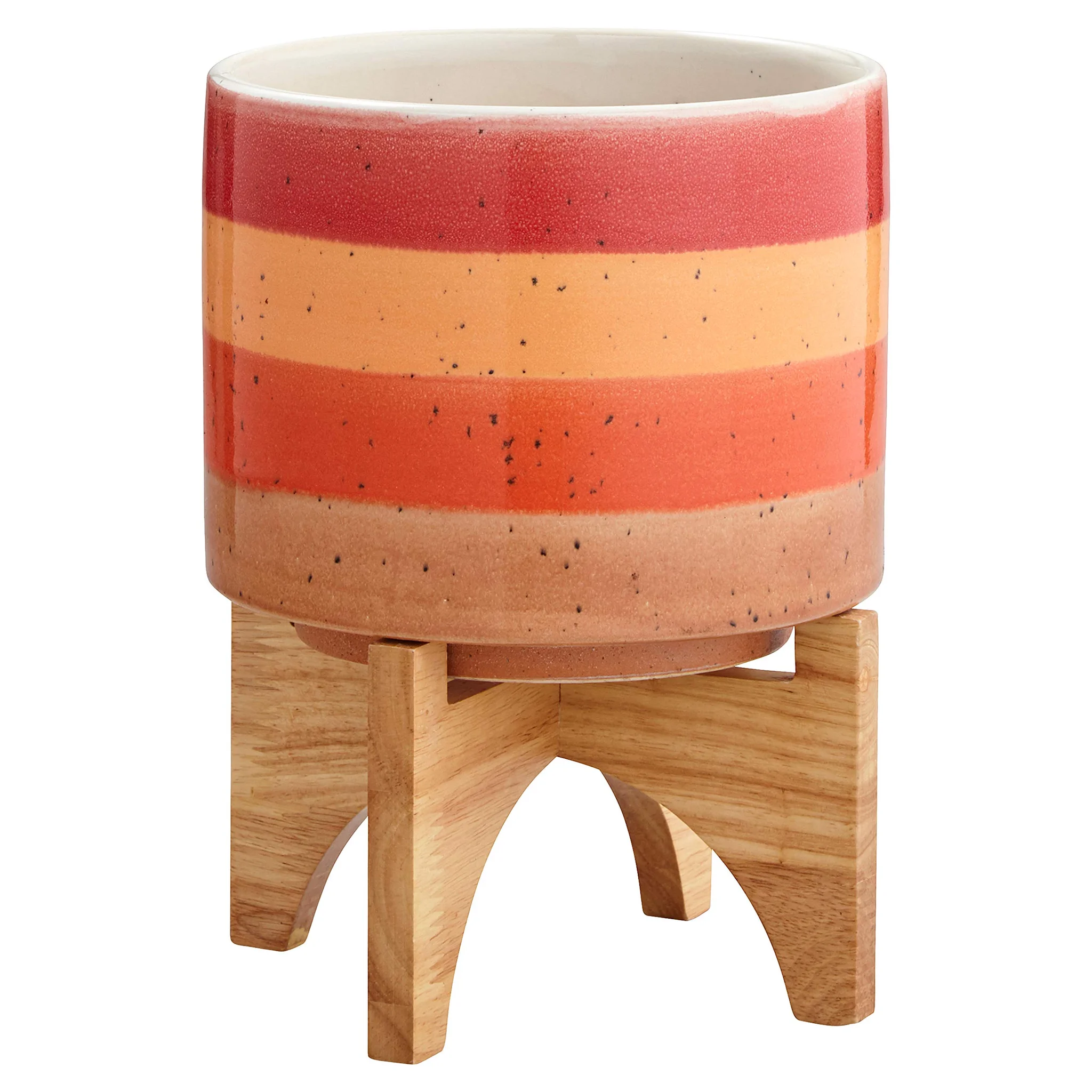 Mid-Century Ceramic Planter with Wooden Stand – Striped Sunset Glaze