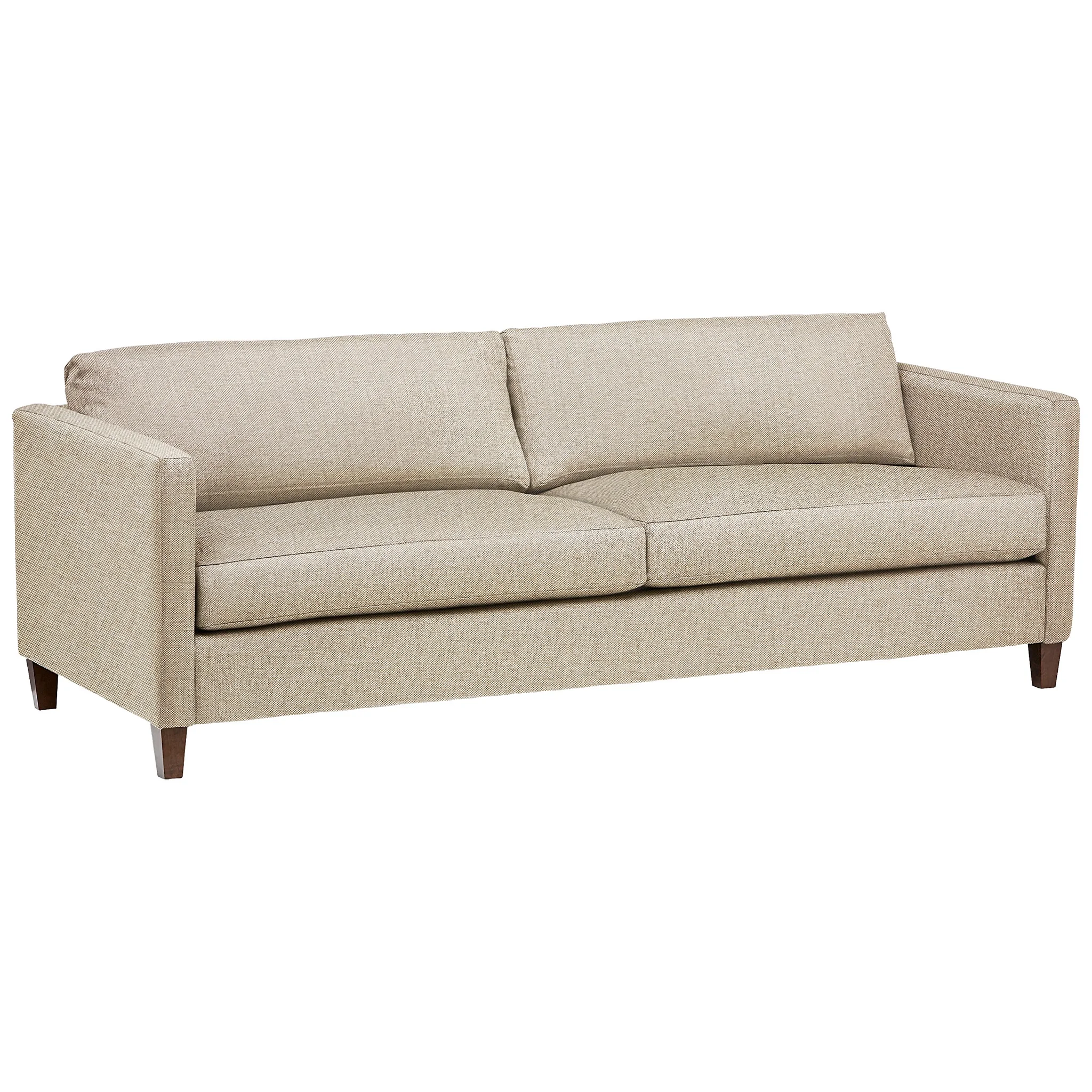 Modern Tan Fabric Two-Seater Sofa with Walnut Legs