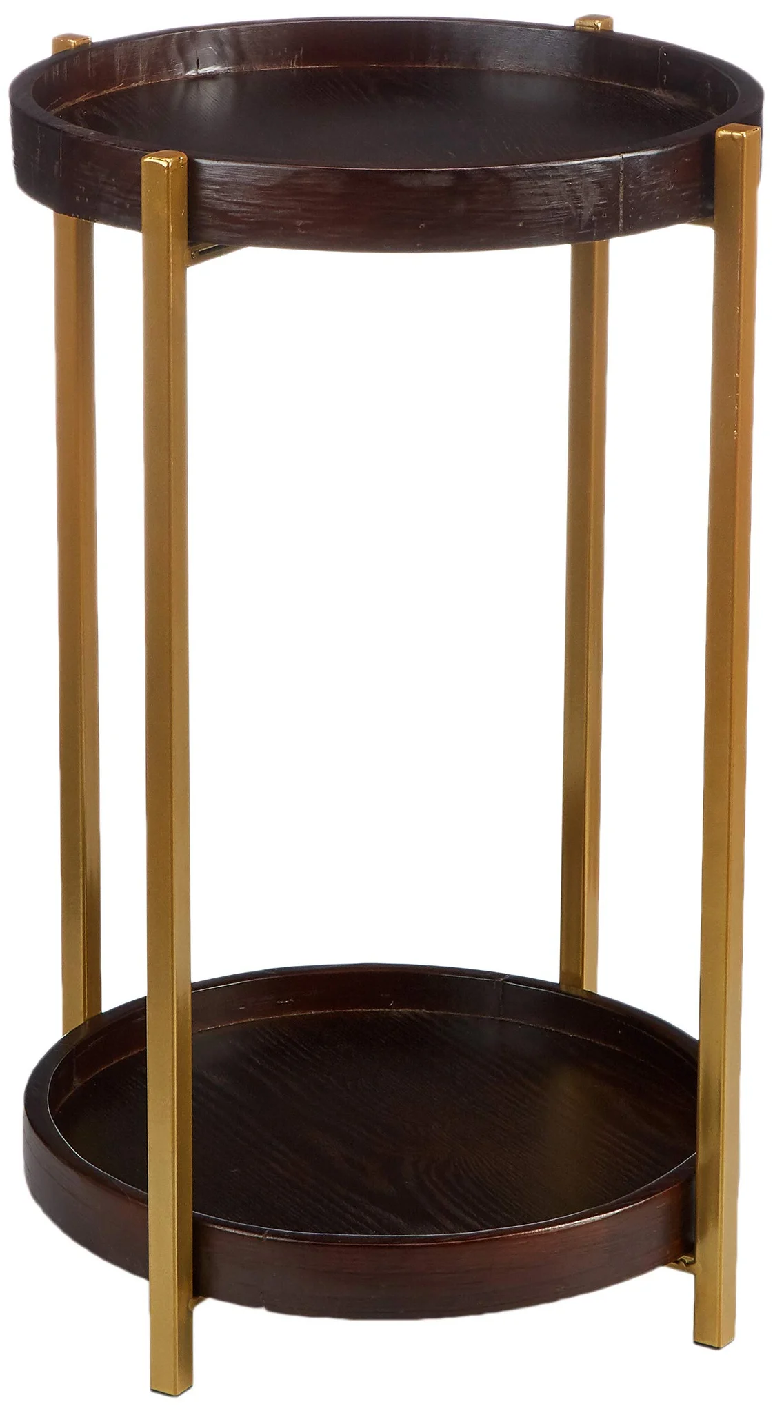 Round Two-Tier Side Table with Walnut Wood and Gold Metal Legs