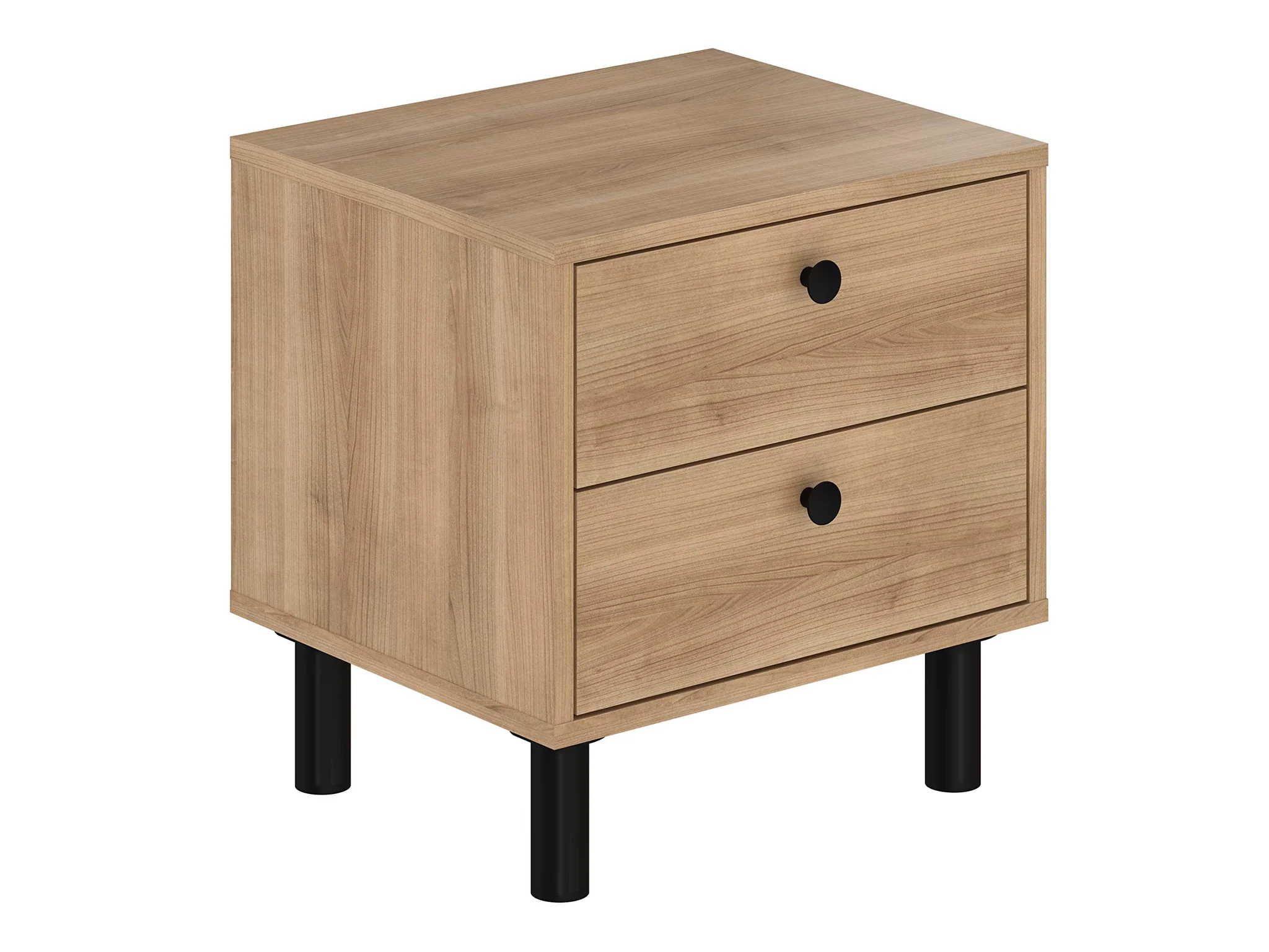 Mid-Century Modern Nightstand with Two Drawers and Black Metal Legs