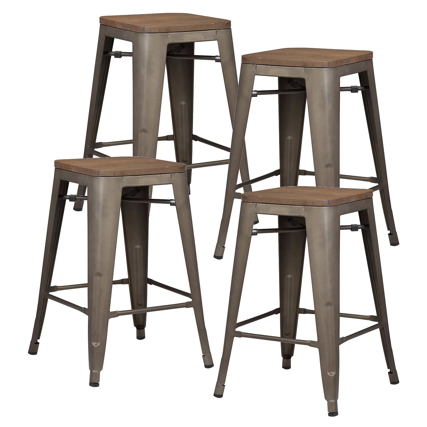Industrial Metal Bar Stool Set with Wood Seat – Bronze Finish (Set of 4)