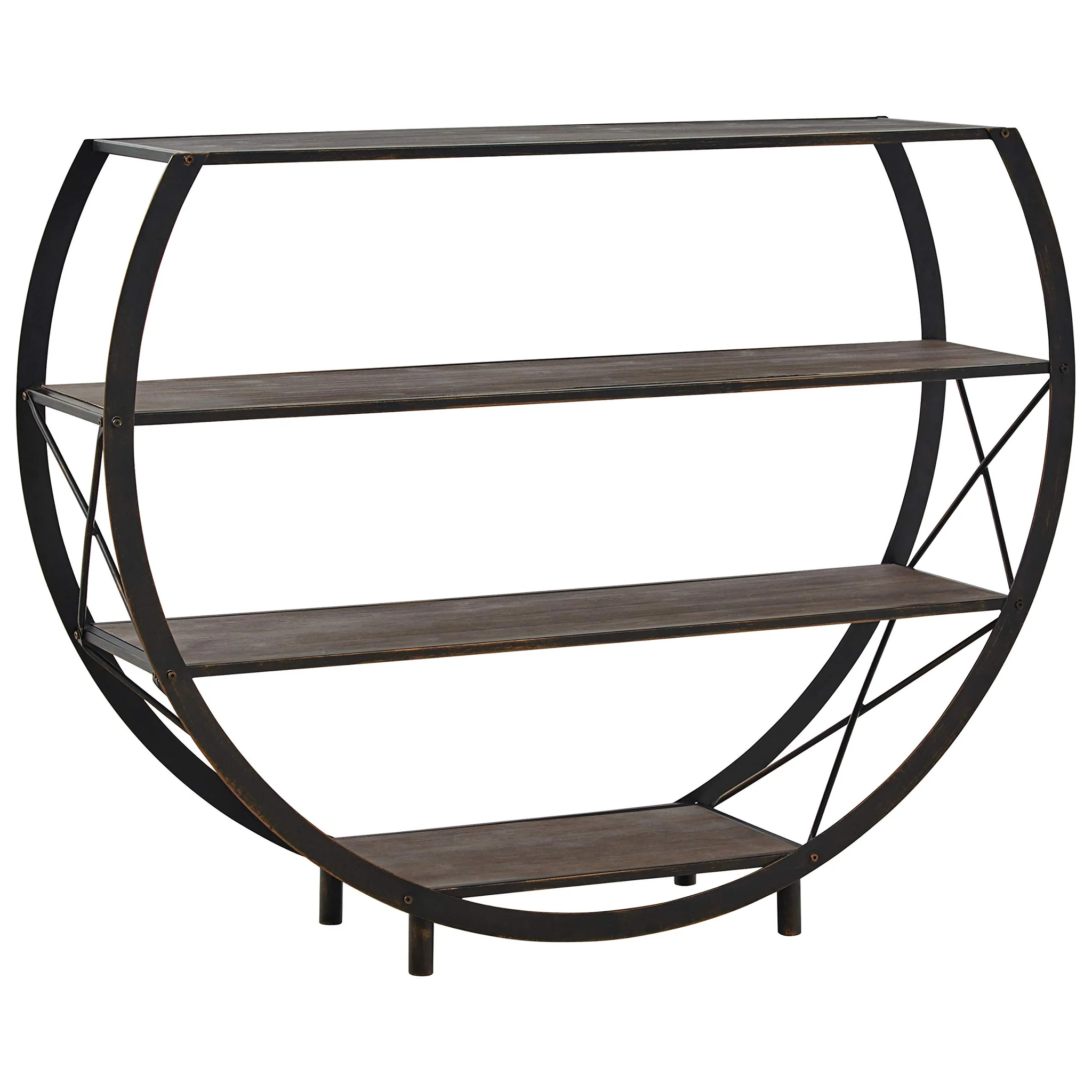 Industrial Half-Moon Bookcase with Dark Fir Wood Shelves
