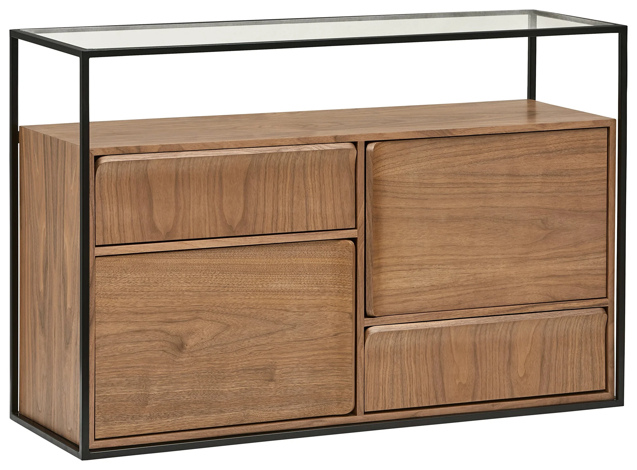 Modern Industrial Walnut Media Console with Glass Top
