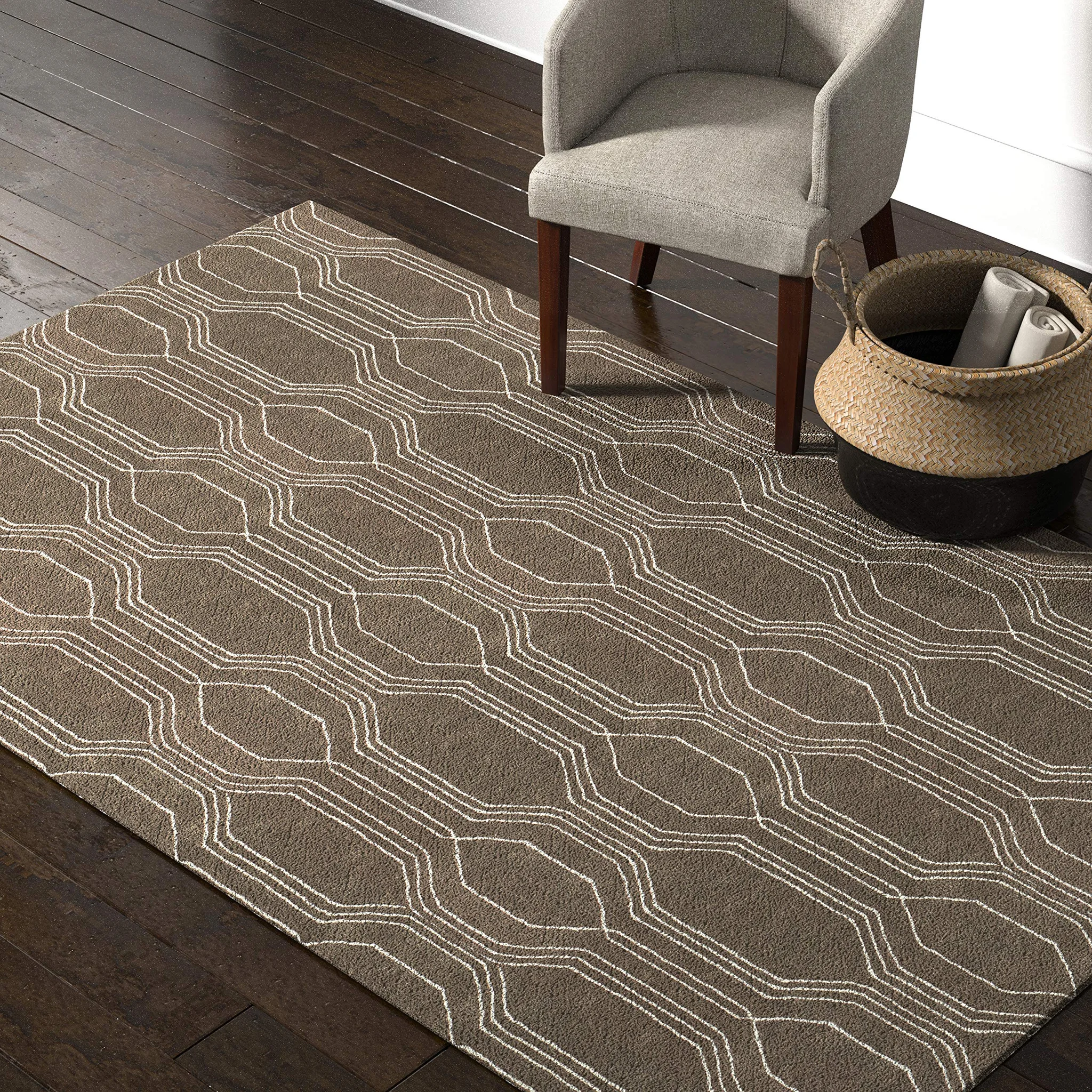 Modern Geometric Area Rug – Taupe Wool Blend with Ivory Trellis Pattern