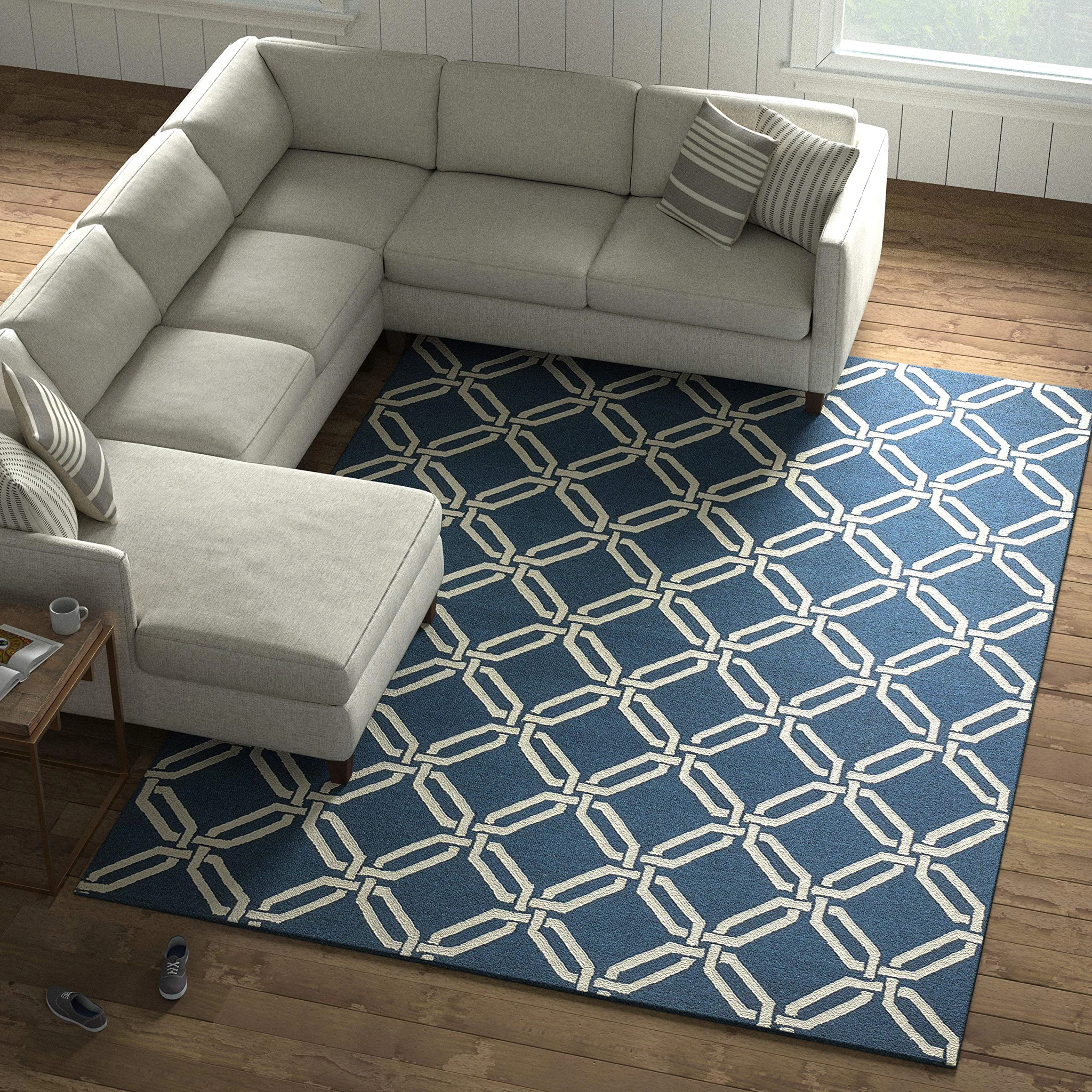 Navy Blue Interlocking Rings Wool Area Rug 8x11