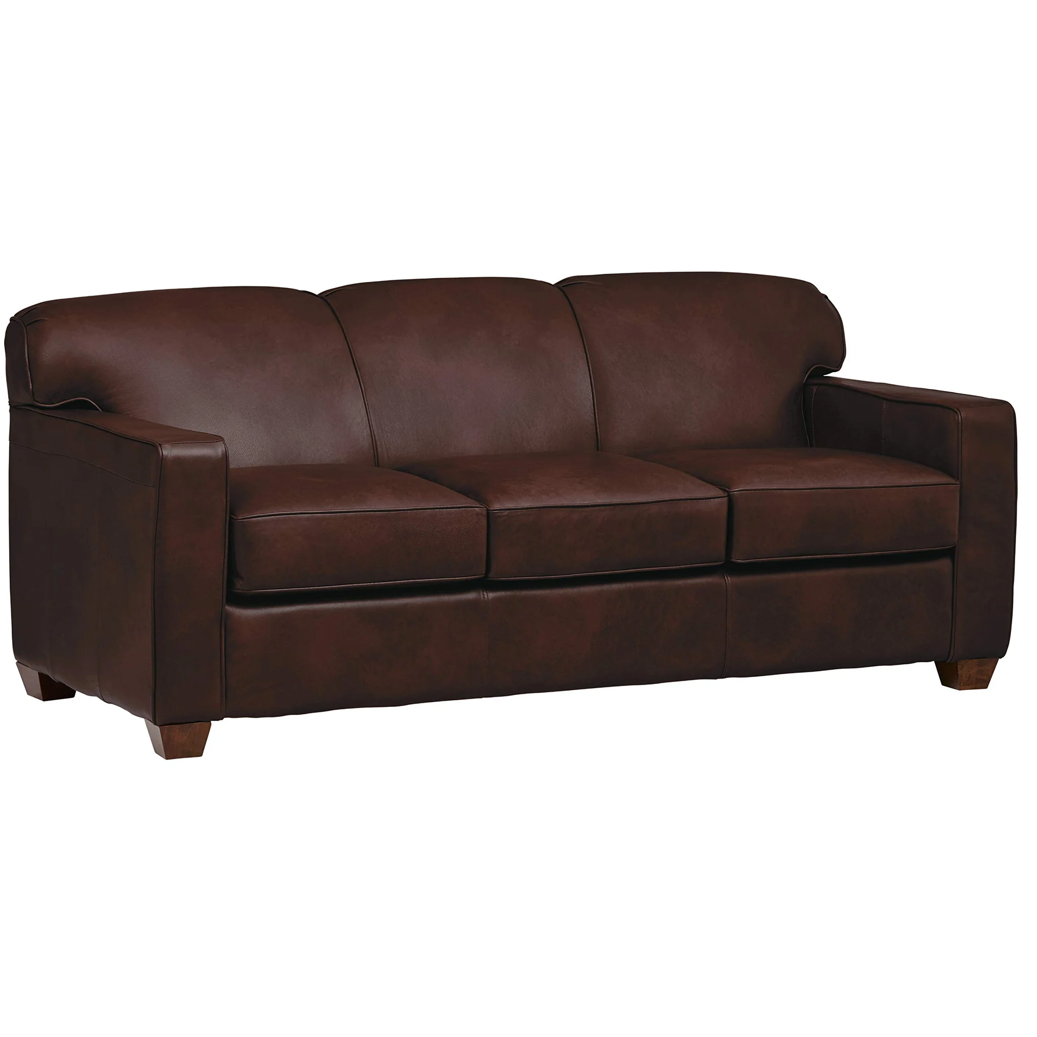 Brown Leather Three-Seater Sleeper Sofa with Wooden Legs