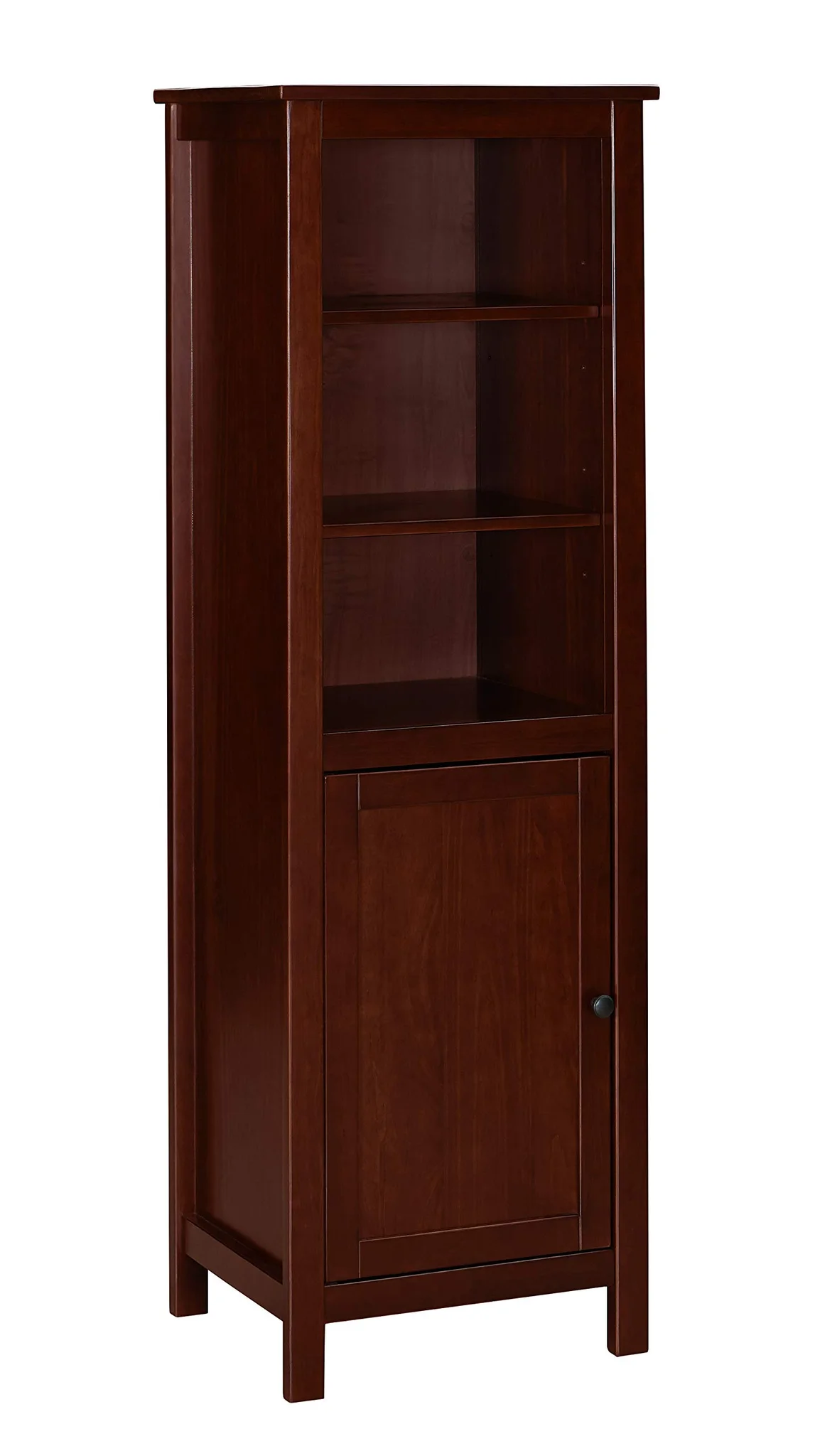 Dark Espresso Wood Storage Tower Cabinet with Open Shelves and Door