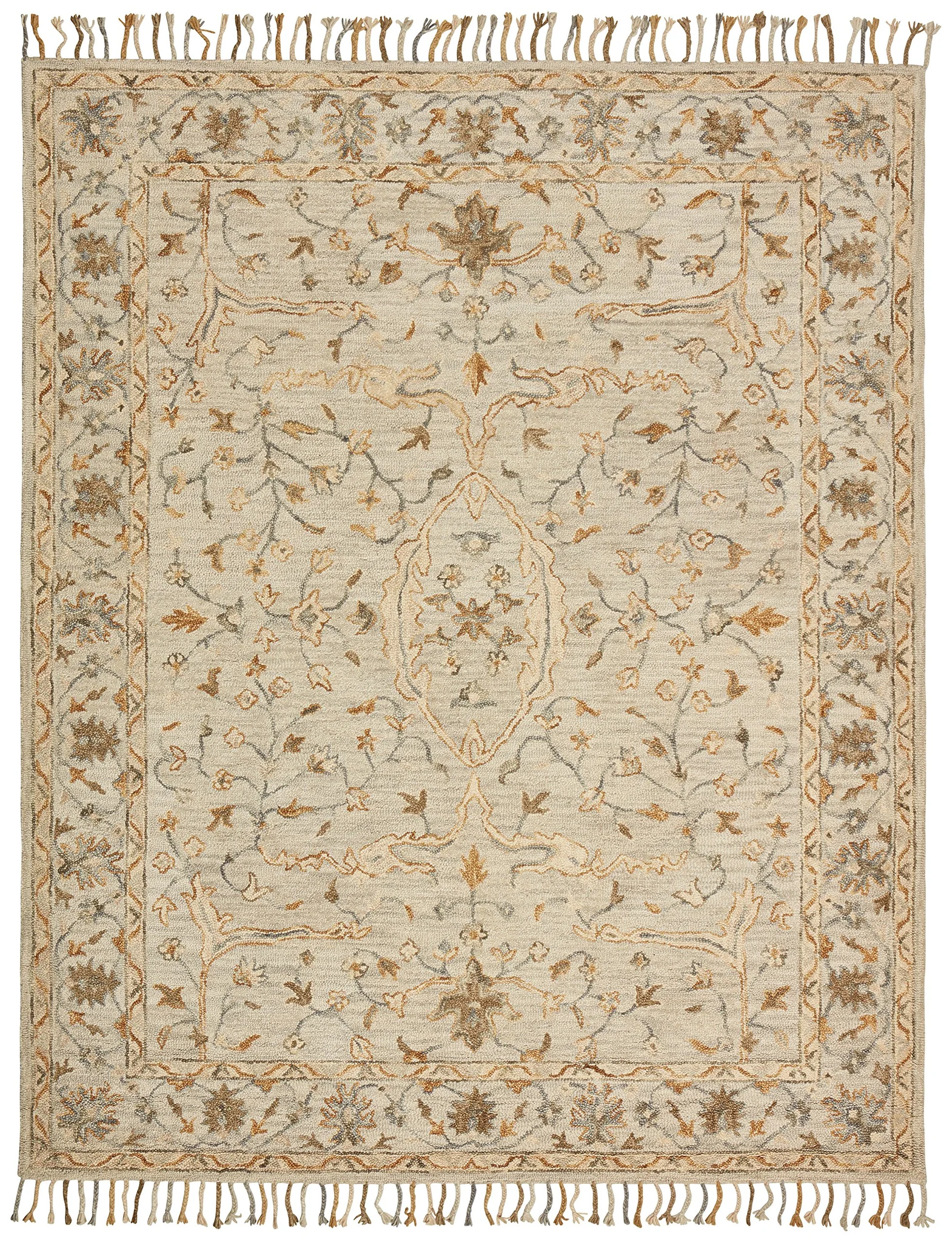 Persian-Style Wool Area Rug with Floral Medallion and Tassels
