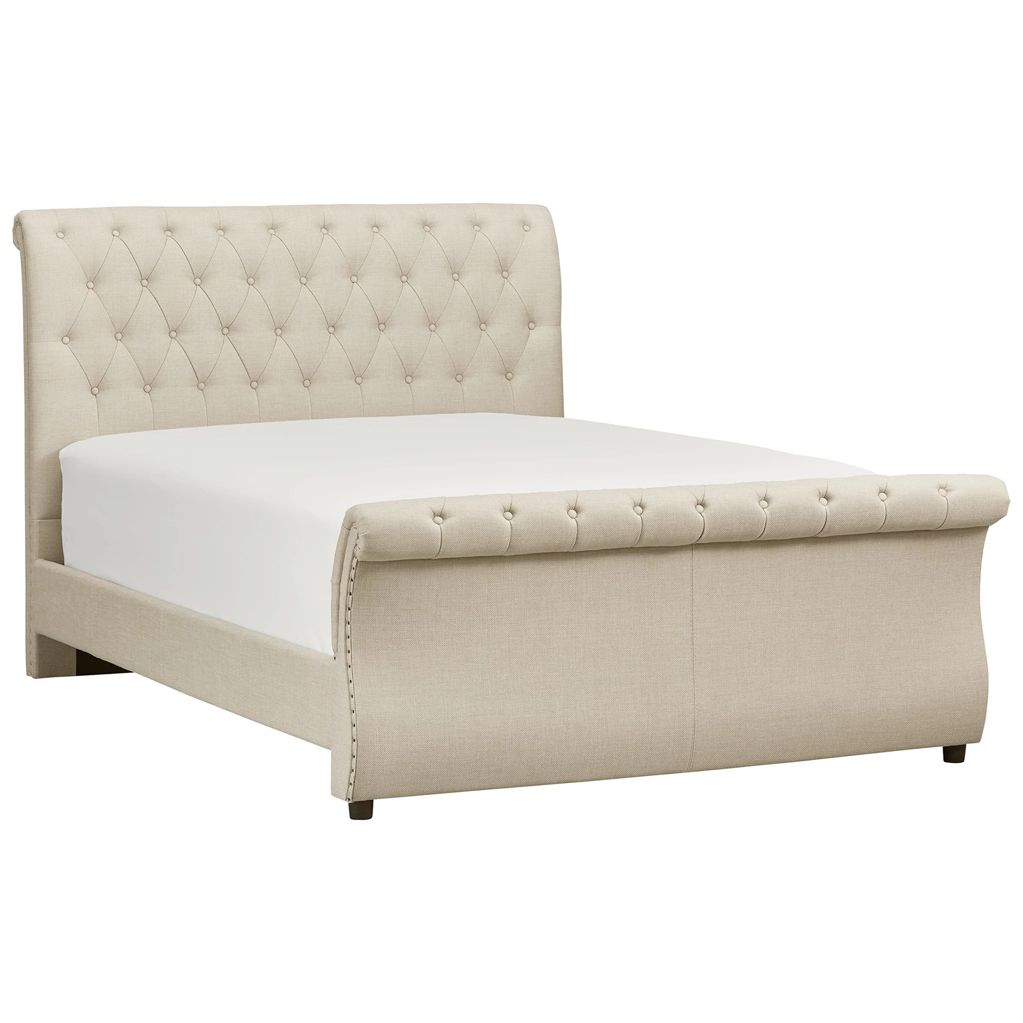 Tufted Upholstered Sleigh Bed with Linen Fabric and Rolled Headboard