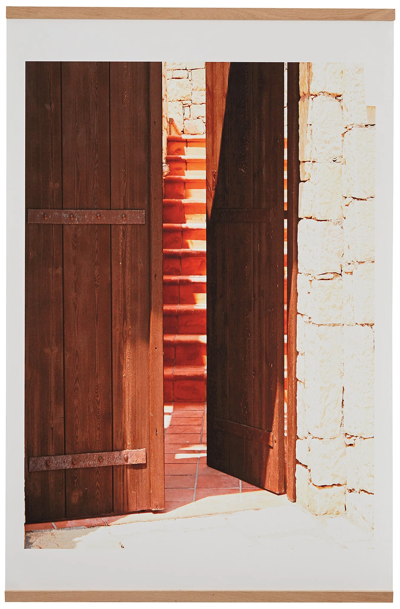 Rustic Wooden Gate with Stone Wall and Staircase Photo Print Wall Art