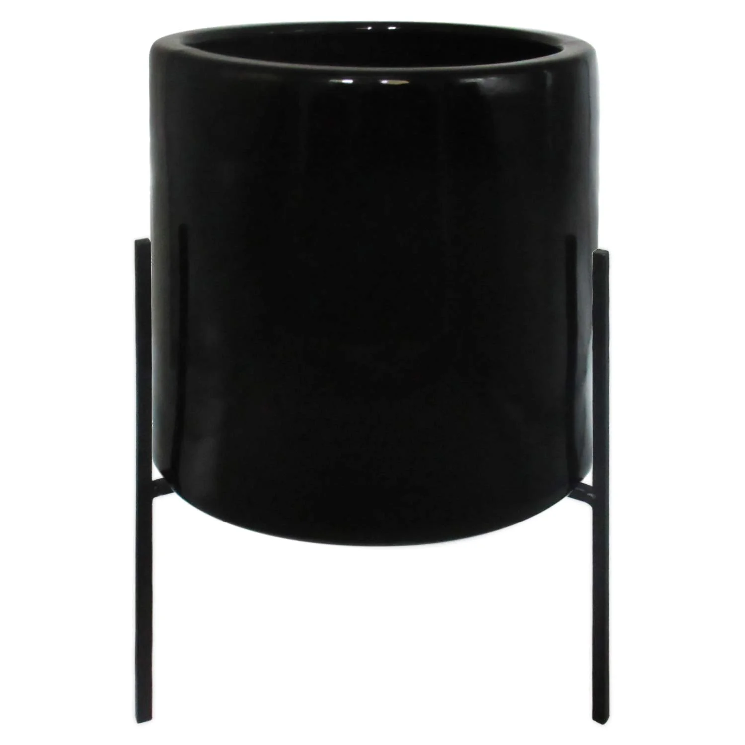 Black Ceramic Planter with Mid-Century Iron Stand