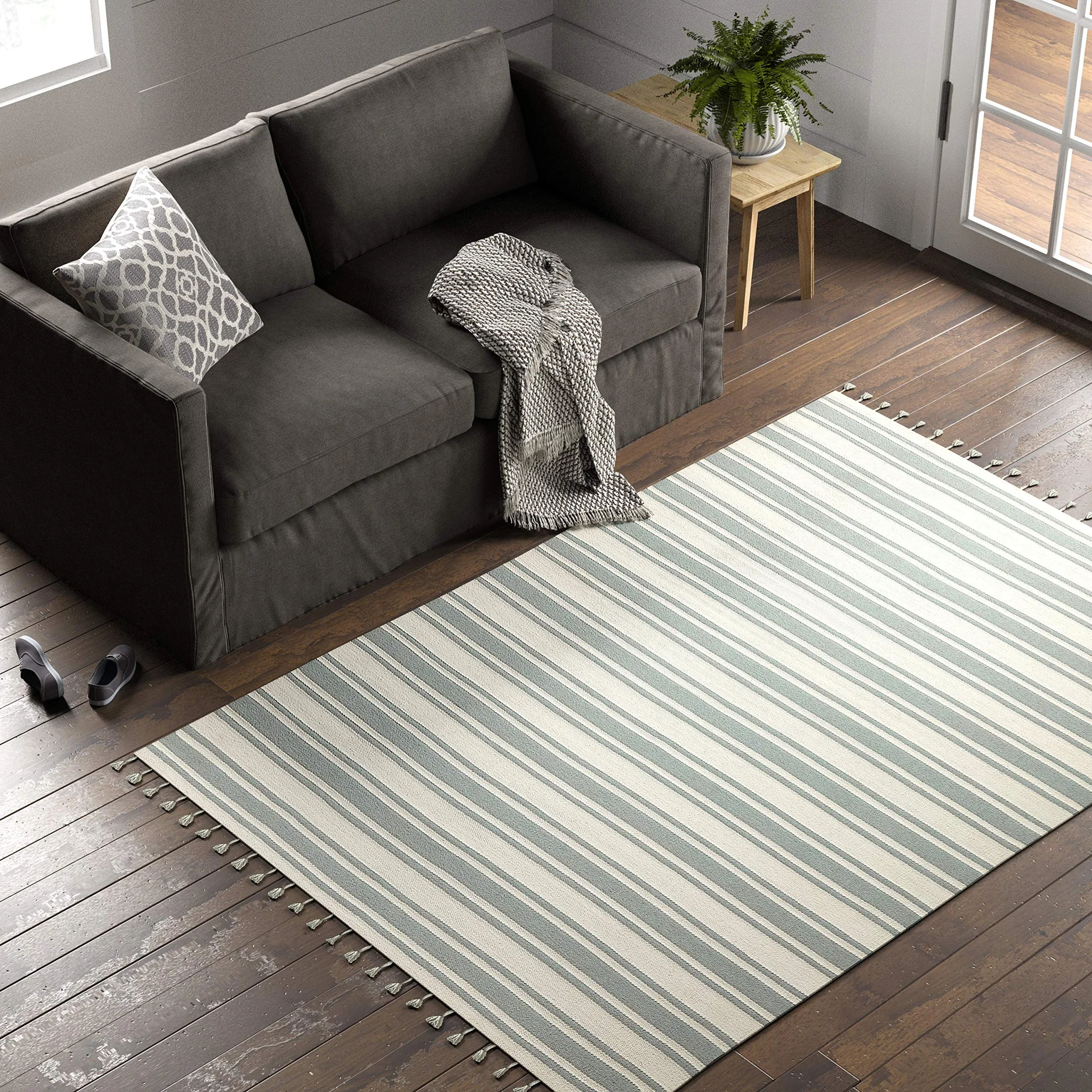 Striped Dhurrie Farmhouse Area Rug with Tassel Fringe – Blue and Ivory