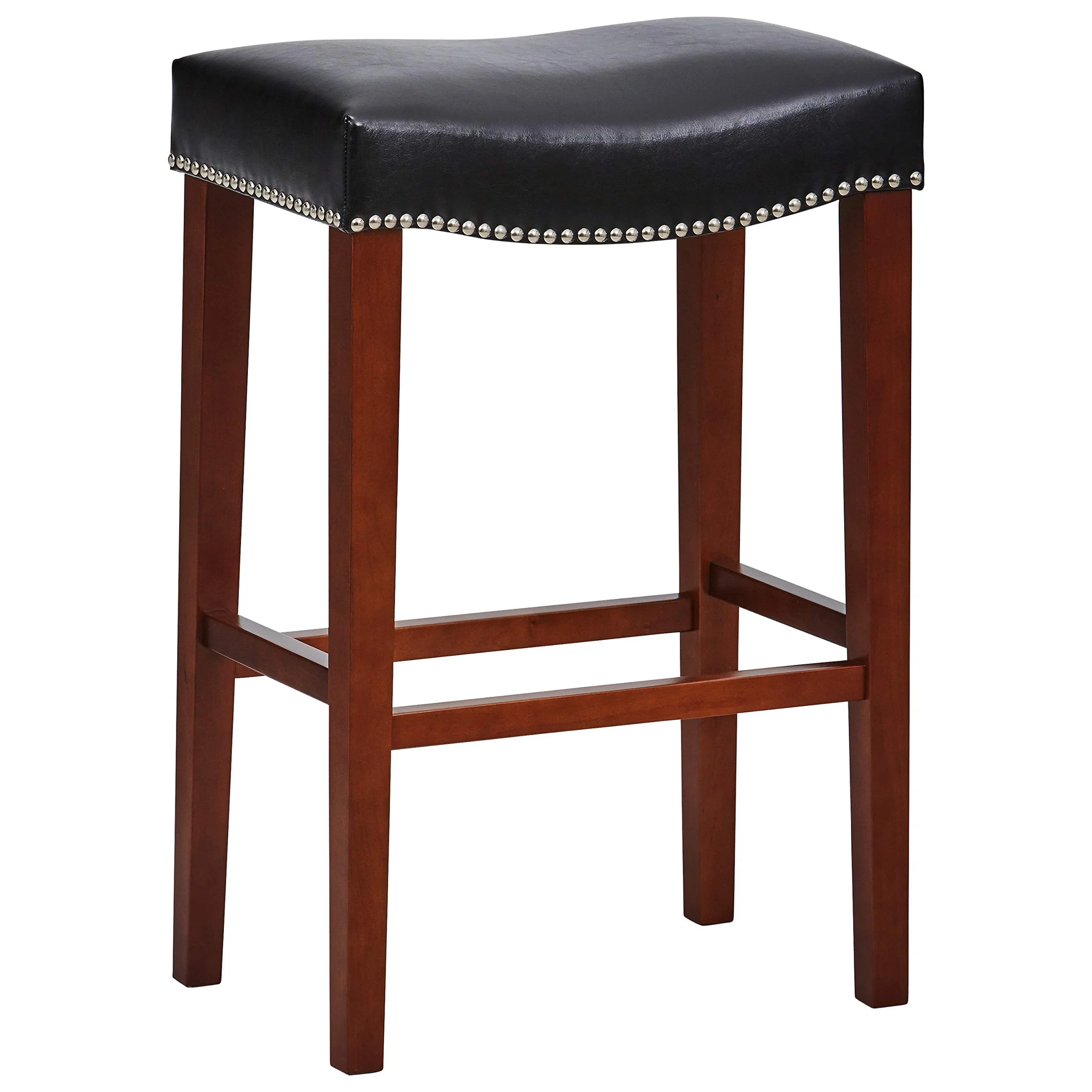 Saddle Bar Stool with Black Faux Leather Seat and Nailhead Trim