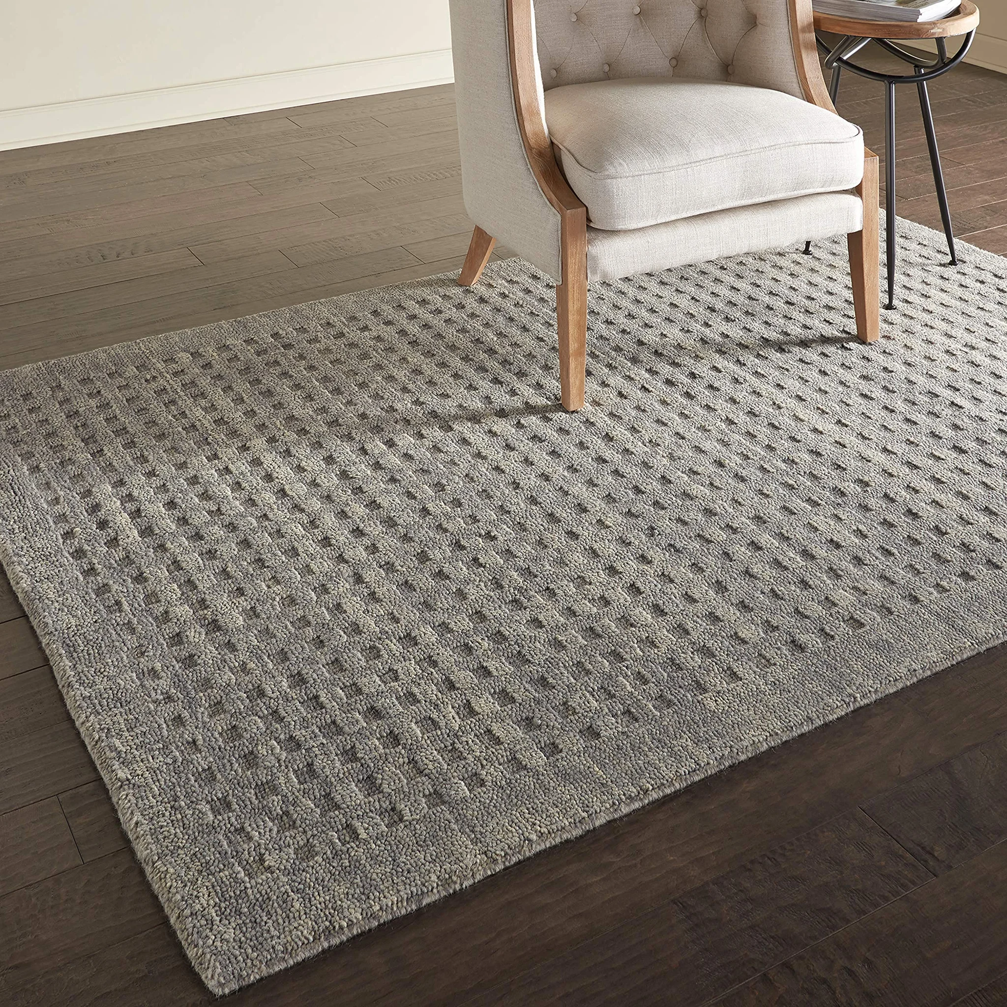 Casual Geometric Wool Area Rug in Charcoal Grey