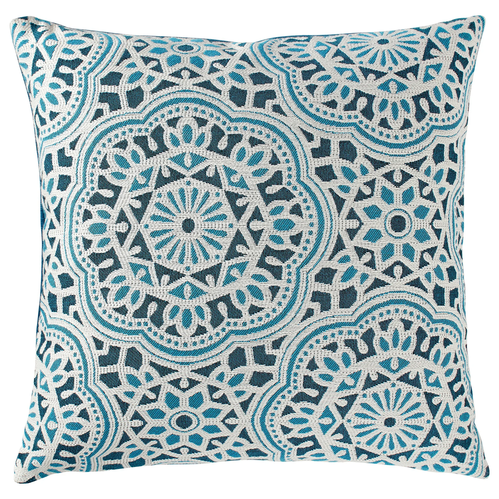 Moroccan Medallion Decorative Throw Pillow – Aqua & White Embroidered