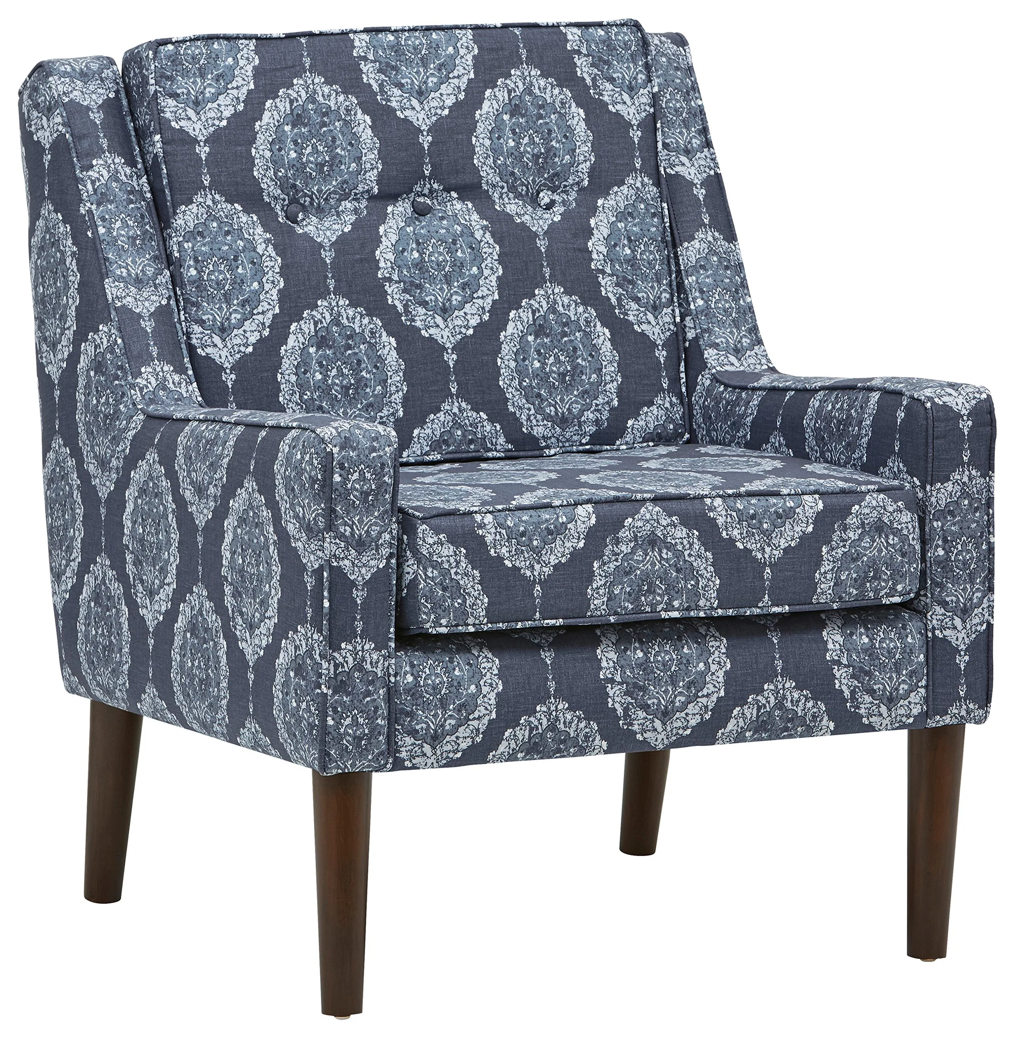 Mid-Century Accent Armchair with Damask Navy Upholstery