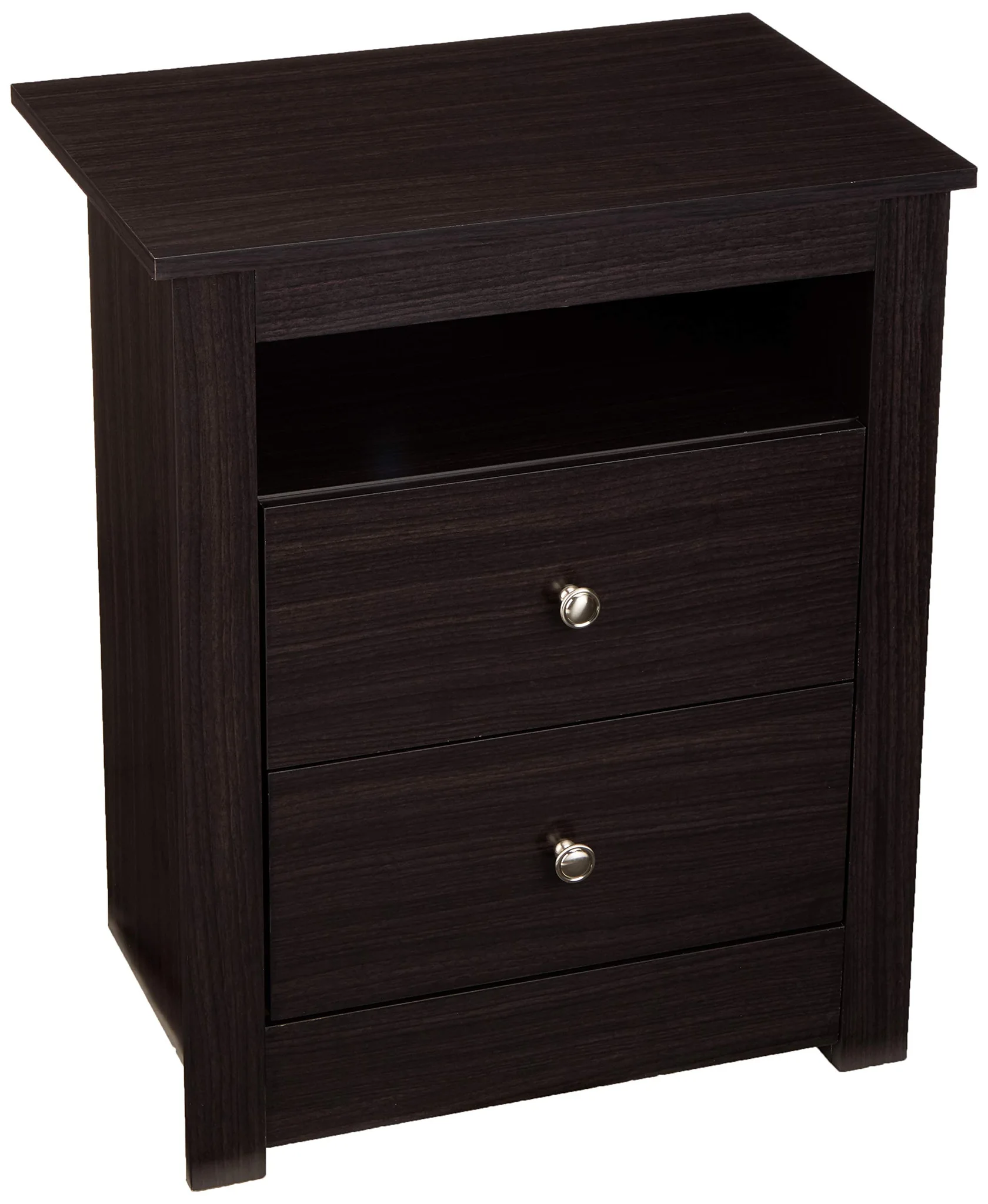 Dark Cappuccino Wood Nightstand with Two Drawers and Open Shelf