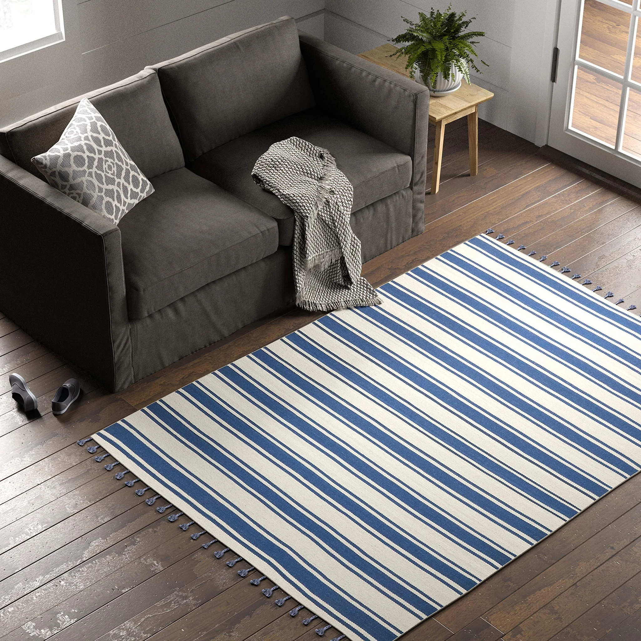 Navy and Ivory Striped Dhurrie Farmhouse Area Rug with Fringe