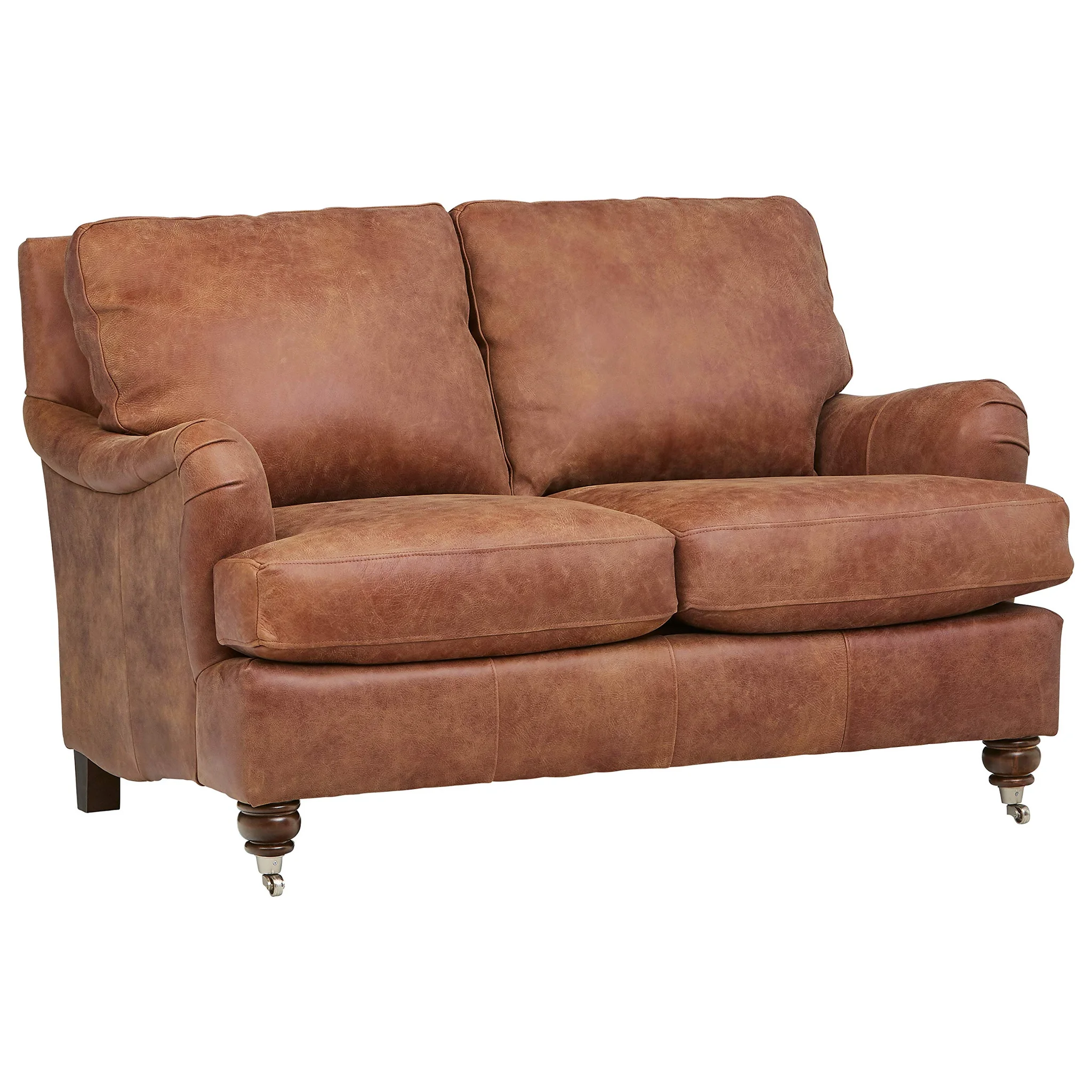 Classic Saddle Leather Loveseat with Turned Legs and Casters