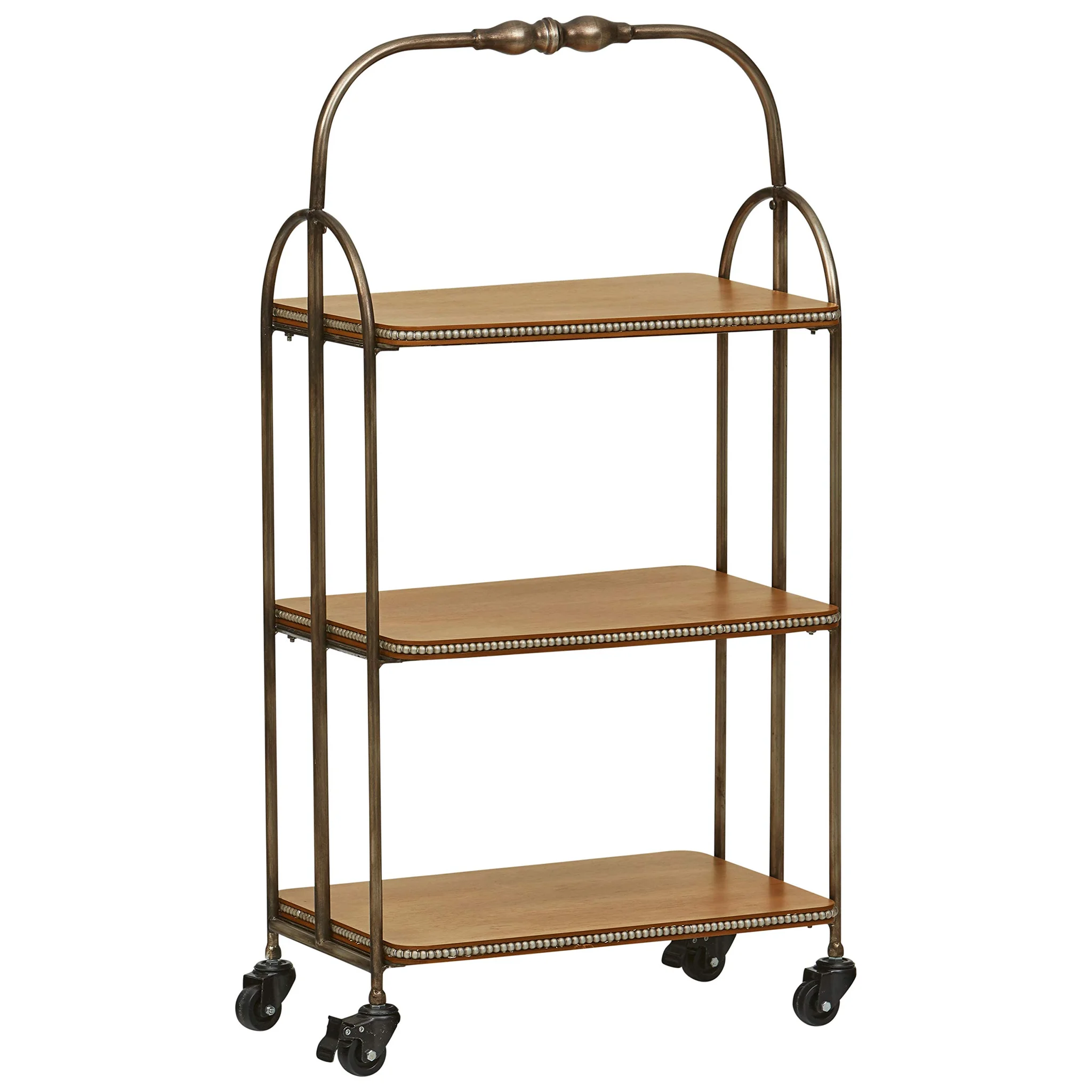 Vintage Bronze Serving Cart with Wooden Shelves and Casters