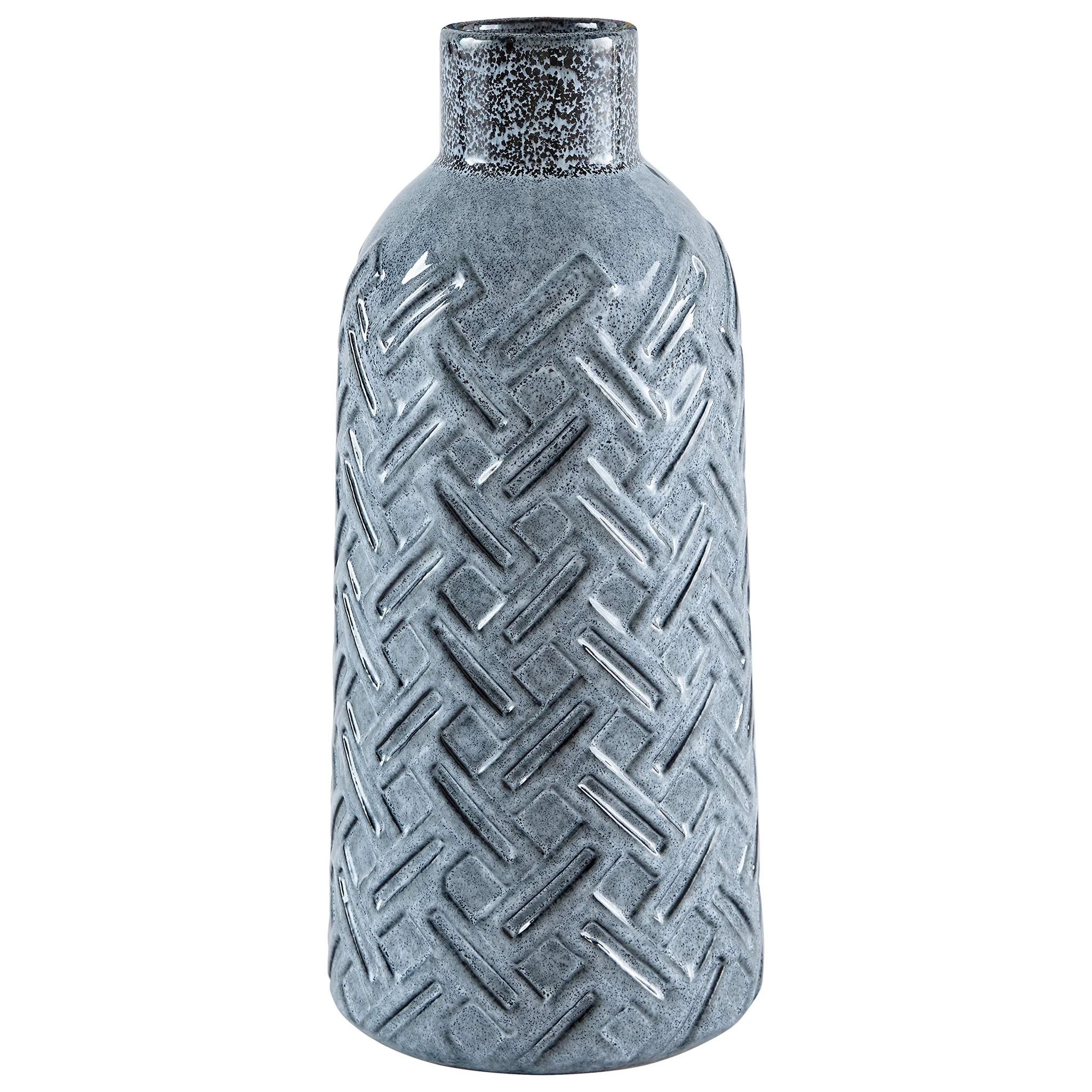 Blue Ceramic Crosshatch Vase – Modern Stoneware Bottle Vase