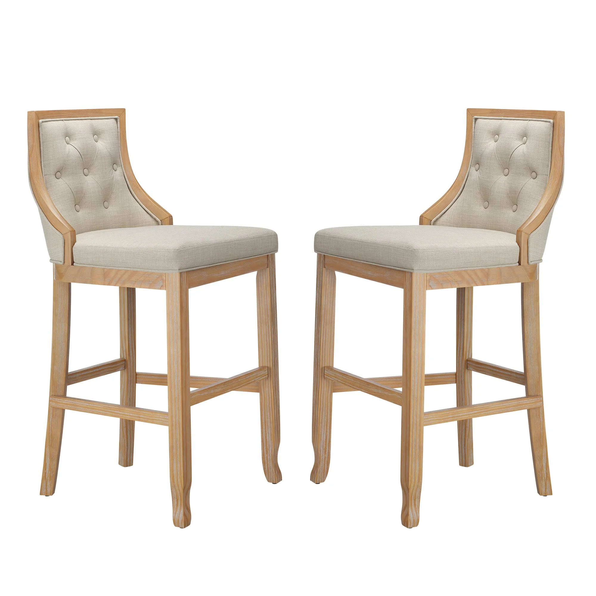 Vintage Tufted Upholstered Barstool Set of 2 – Beige Linen & Natural Wood Frame