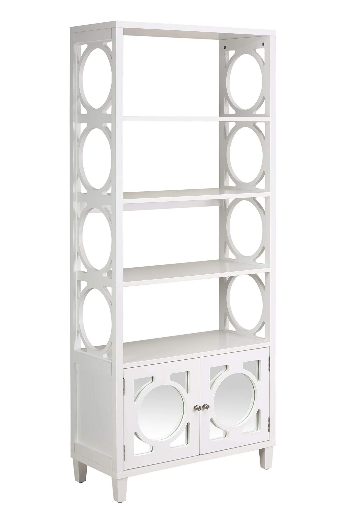 White Modern Bookcase with Decorative Circle Side Panels and Cabinet Base
