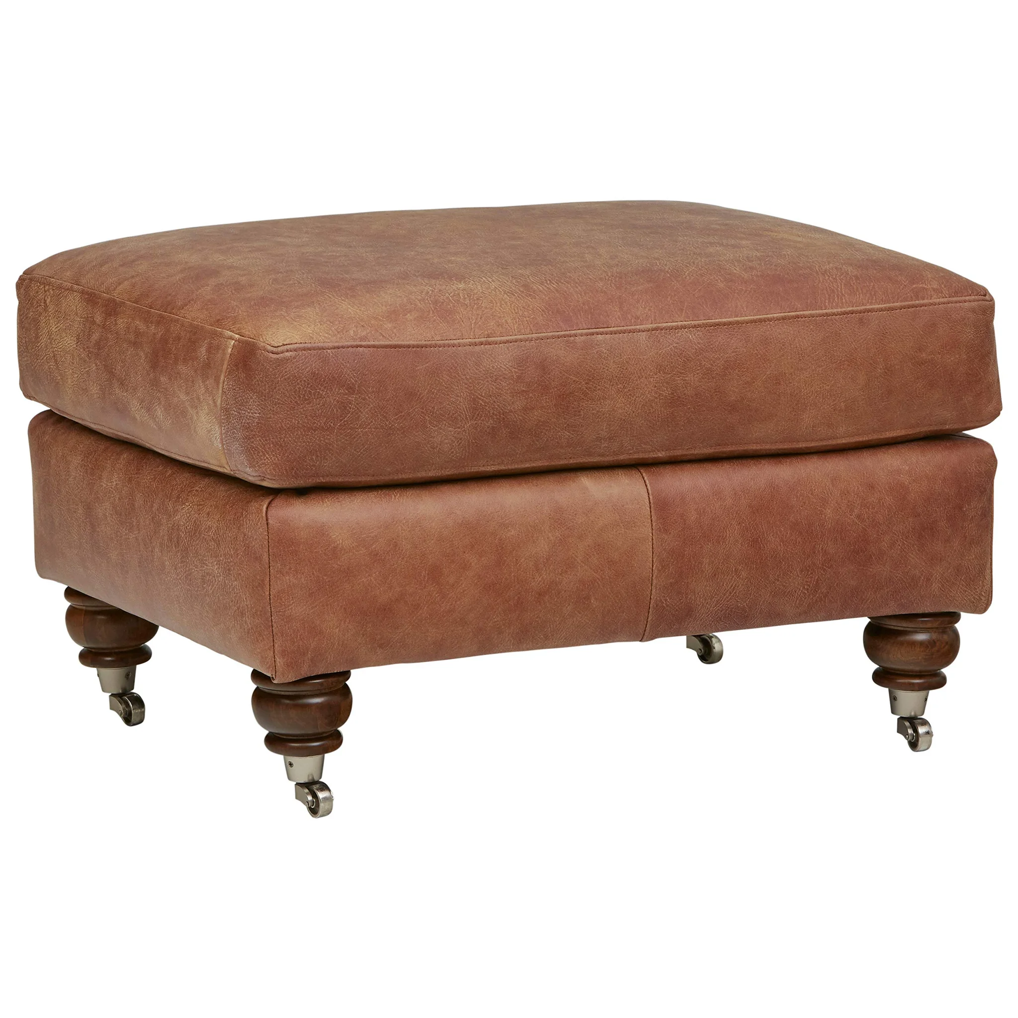 Vintage Saddle Leather Ottoman with Turned Wood Legs and Casters