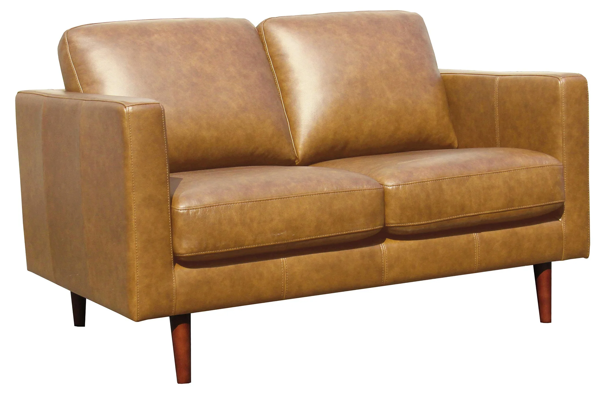 Mid-Century Modern Leather Loveseat Sofa – Caramel Two-Seater