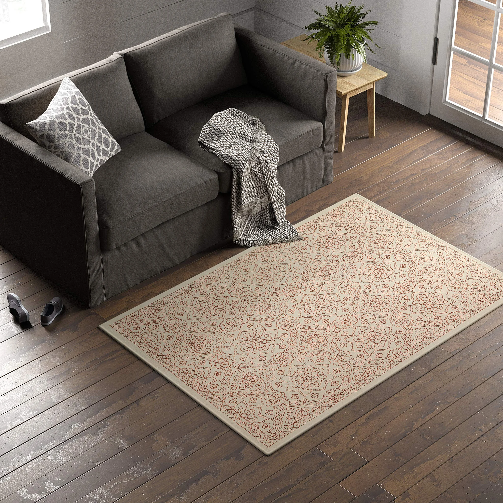 Contemporary Floral Medallion Wool Area Rug – Rust on Ivory
