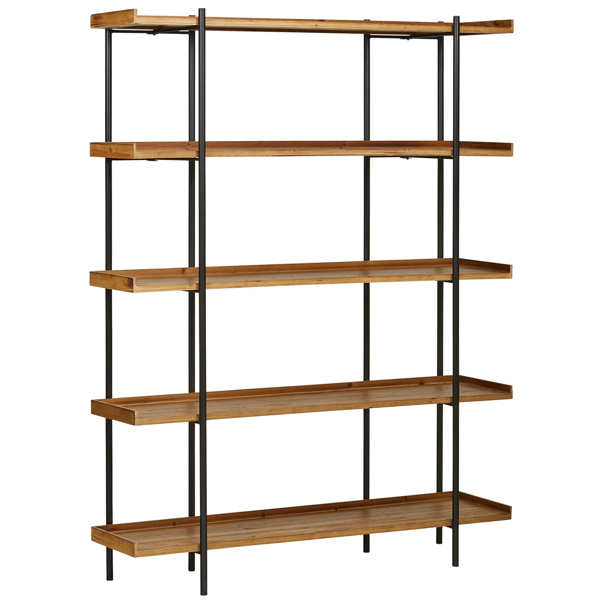 Industrial 5-Shelf Bookcase with Black Metal Frame and Natural Wood Shelves
