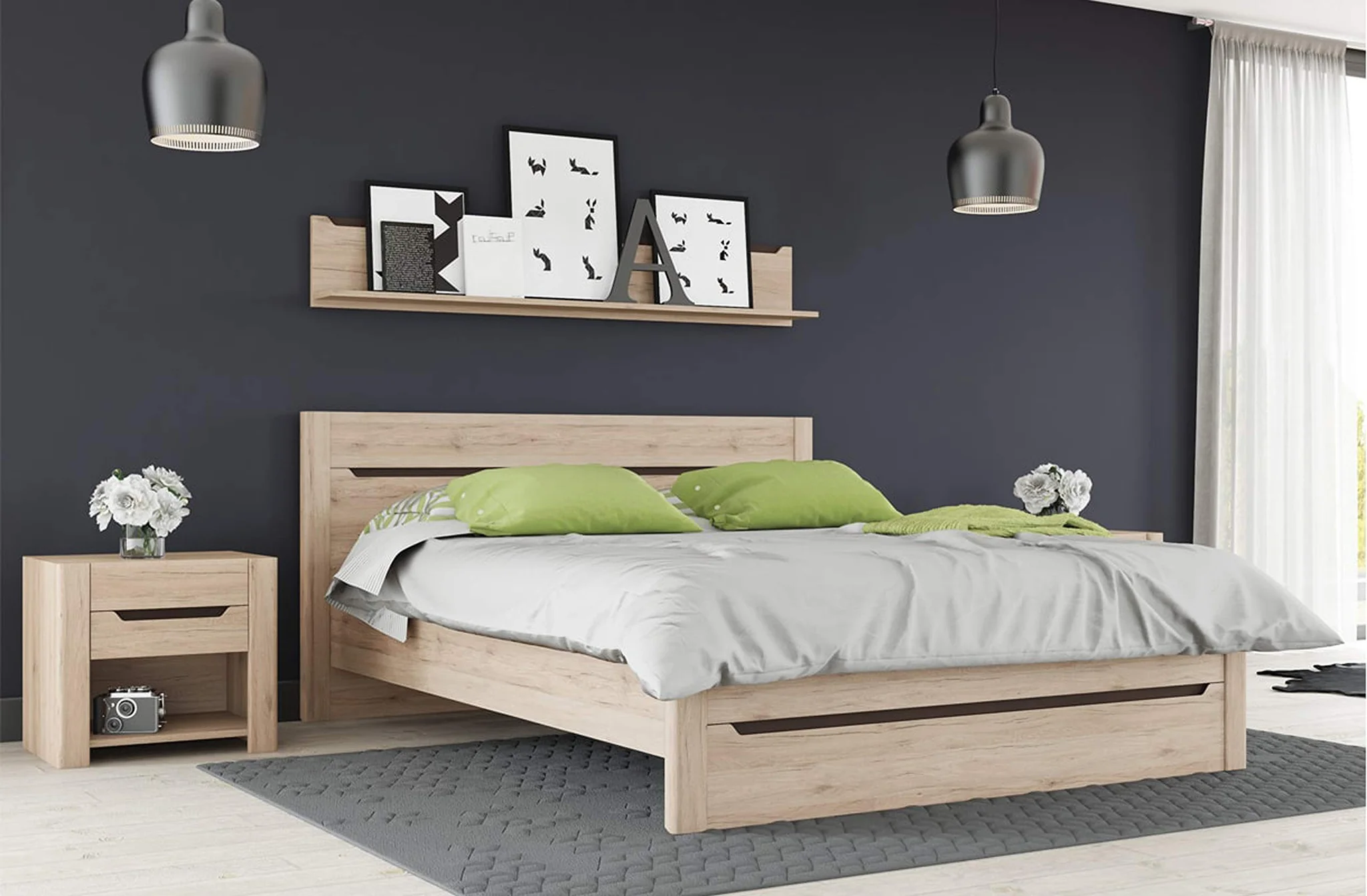 Scandinavian Oak Bedroom Set with Double Bed and Nightstand