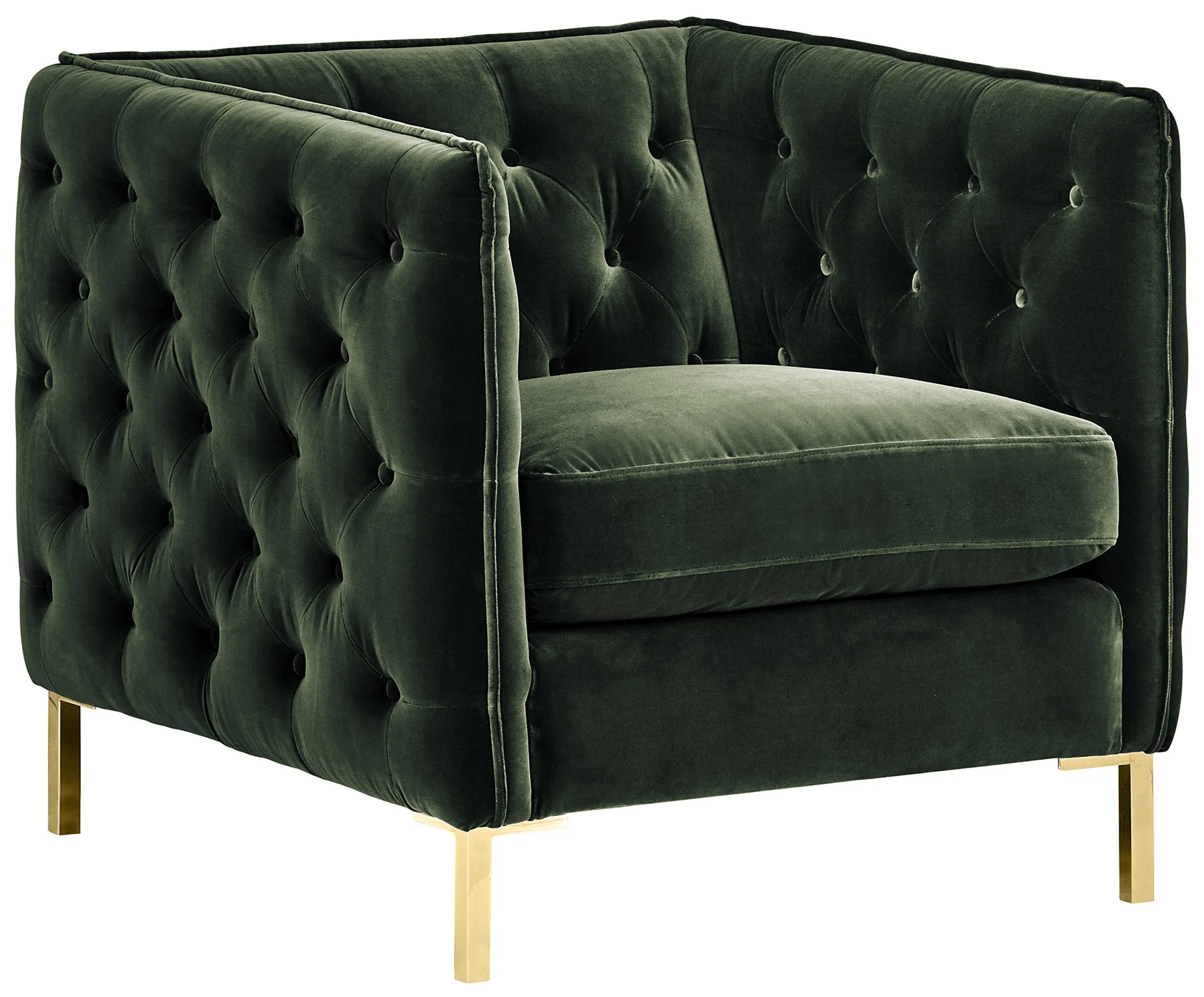 Tufted Velvet Armchair with Gold Legs – Hunter Green Mid-Century Club Chair