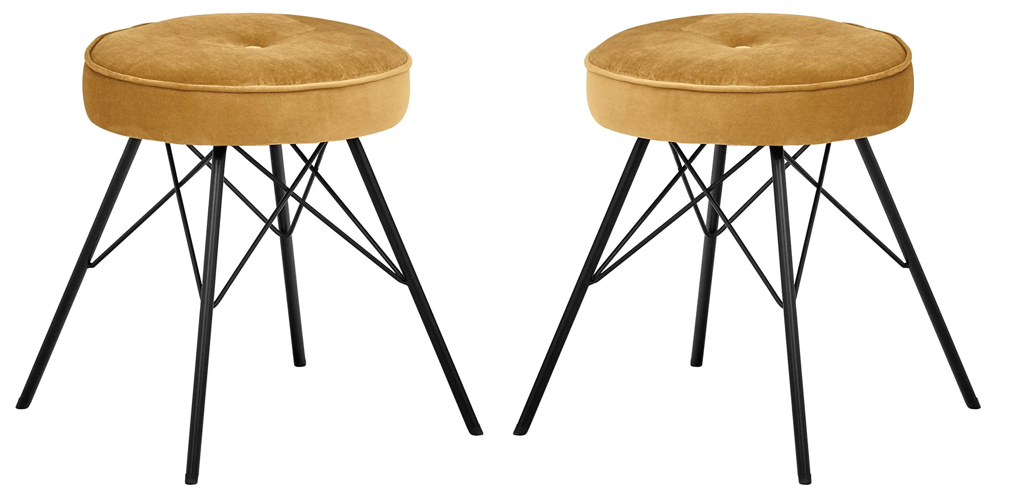 Mid-Century Modern Velvet Stool Set with Metal Legs – Mustard Yellow (Pack of 2)
