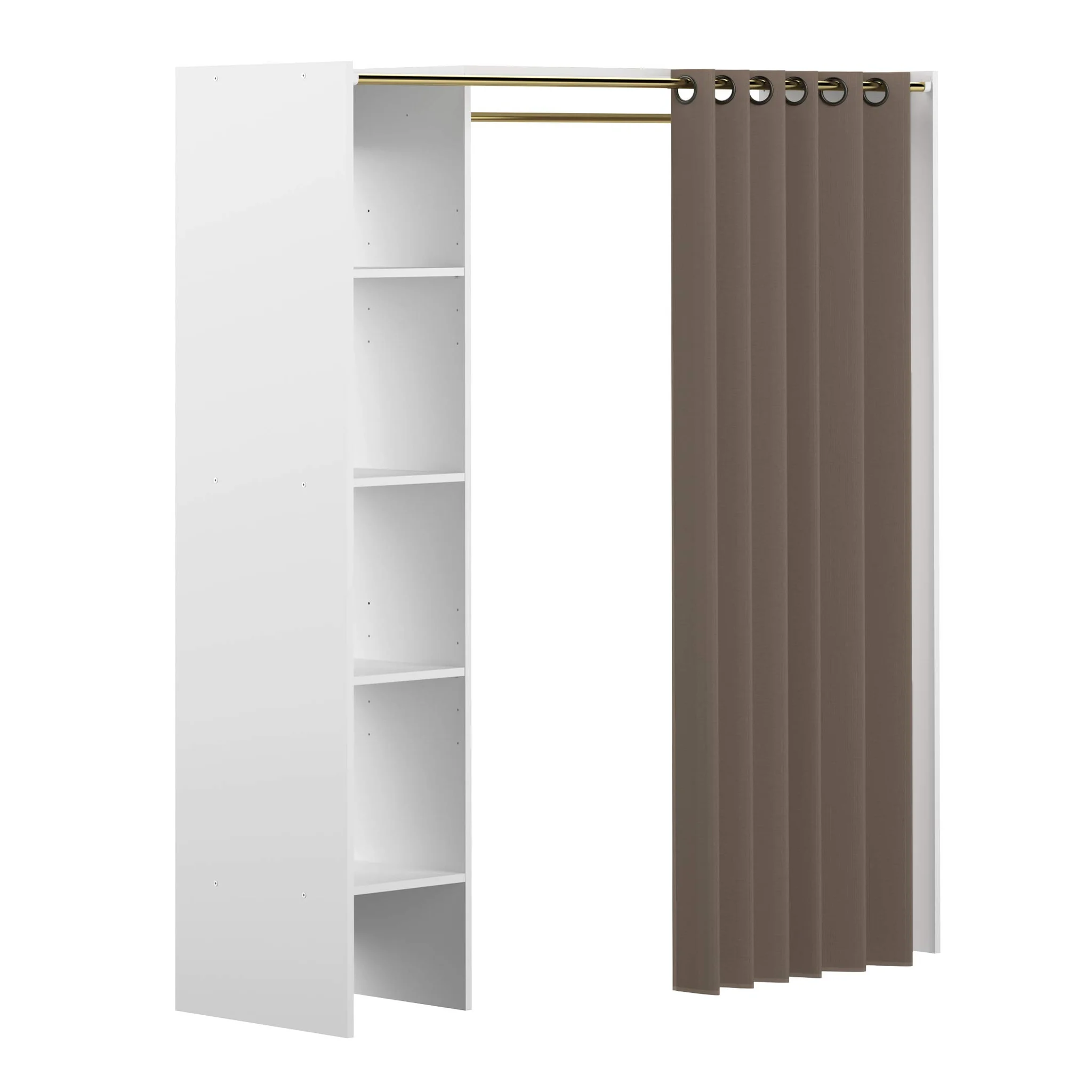 Open Wardrobe with Curtain and Shelving Unit