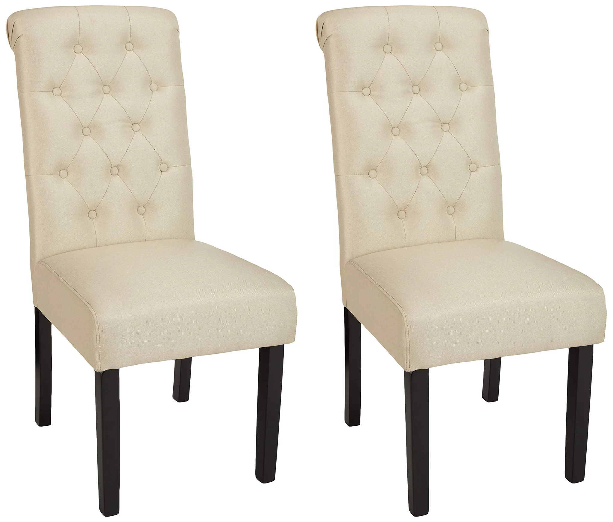 Tufted Fabric Dining Chair Set with Wooden Legs – Beige Linen (Set of 2)
