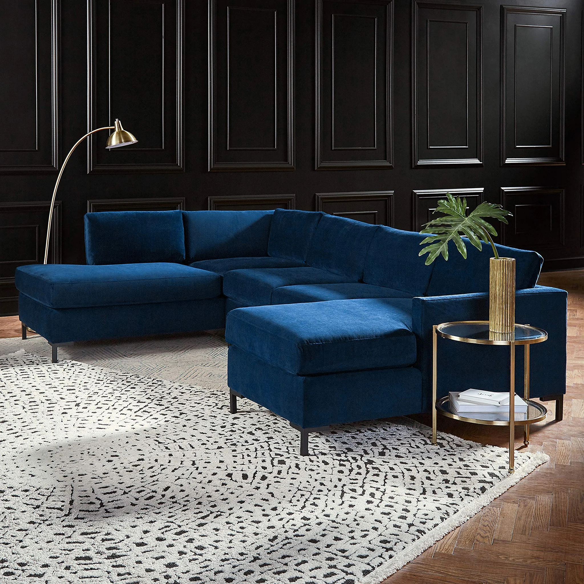 Navy Blue Velvet U-Shape Sectional Sofa with Ottoman