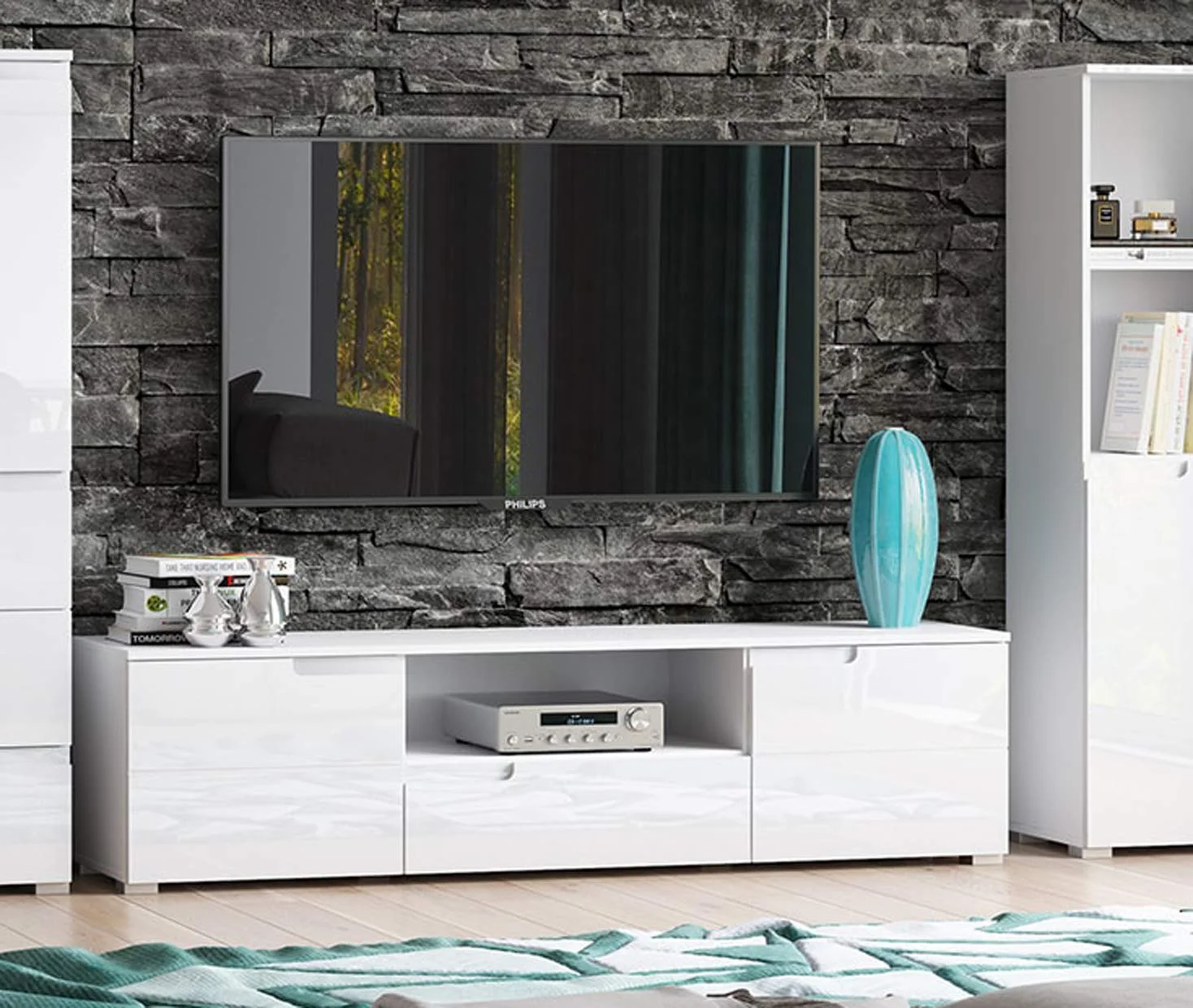 Modern White Gloss TV Stand with Drawers and Open Shelf