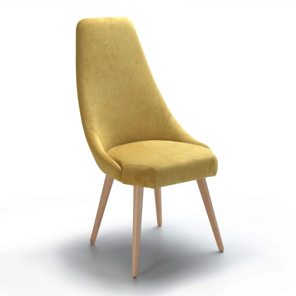 Mid-Century Modern Upholstered Dining Chair – Mustard Yellow Fabric with Natural Wood Legs