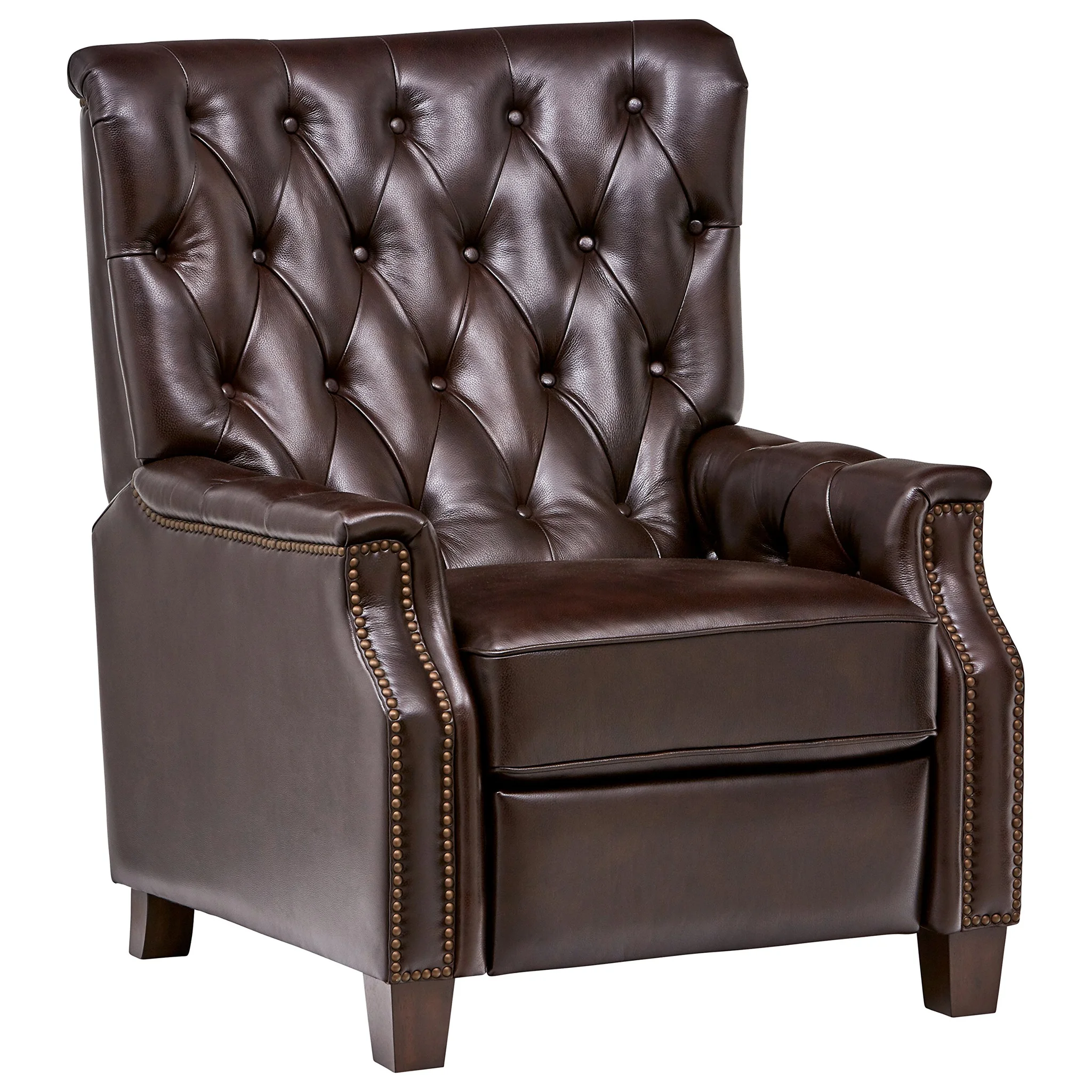 Brown Leather Button-Tufted Recliner Chair with Nailhead Trim