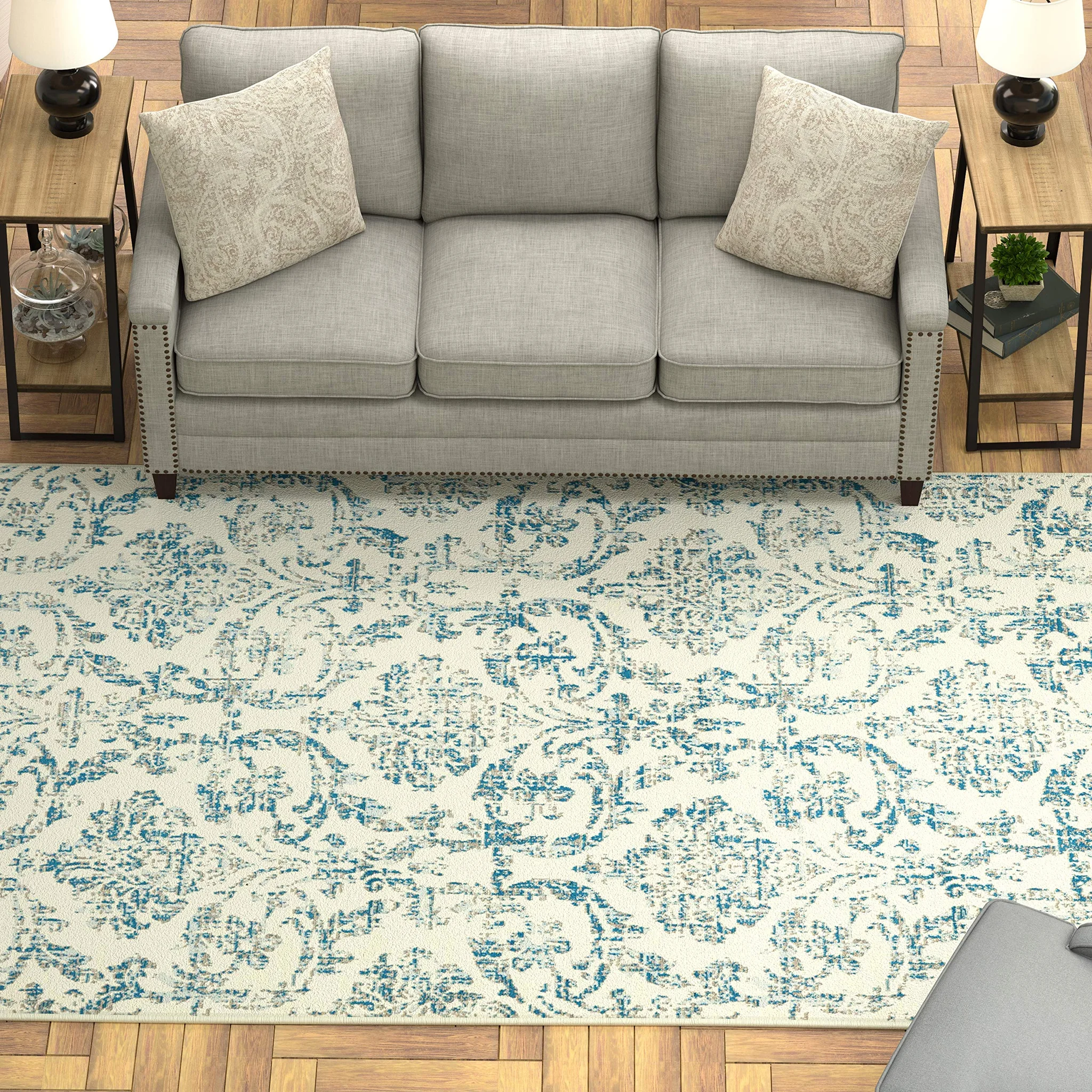 Vintage Damask Area Rug – Blue on Ivory Distressed Pattern