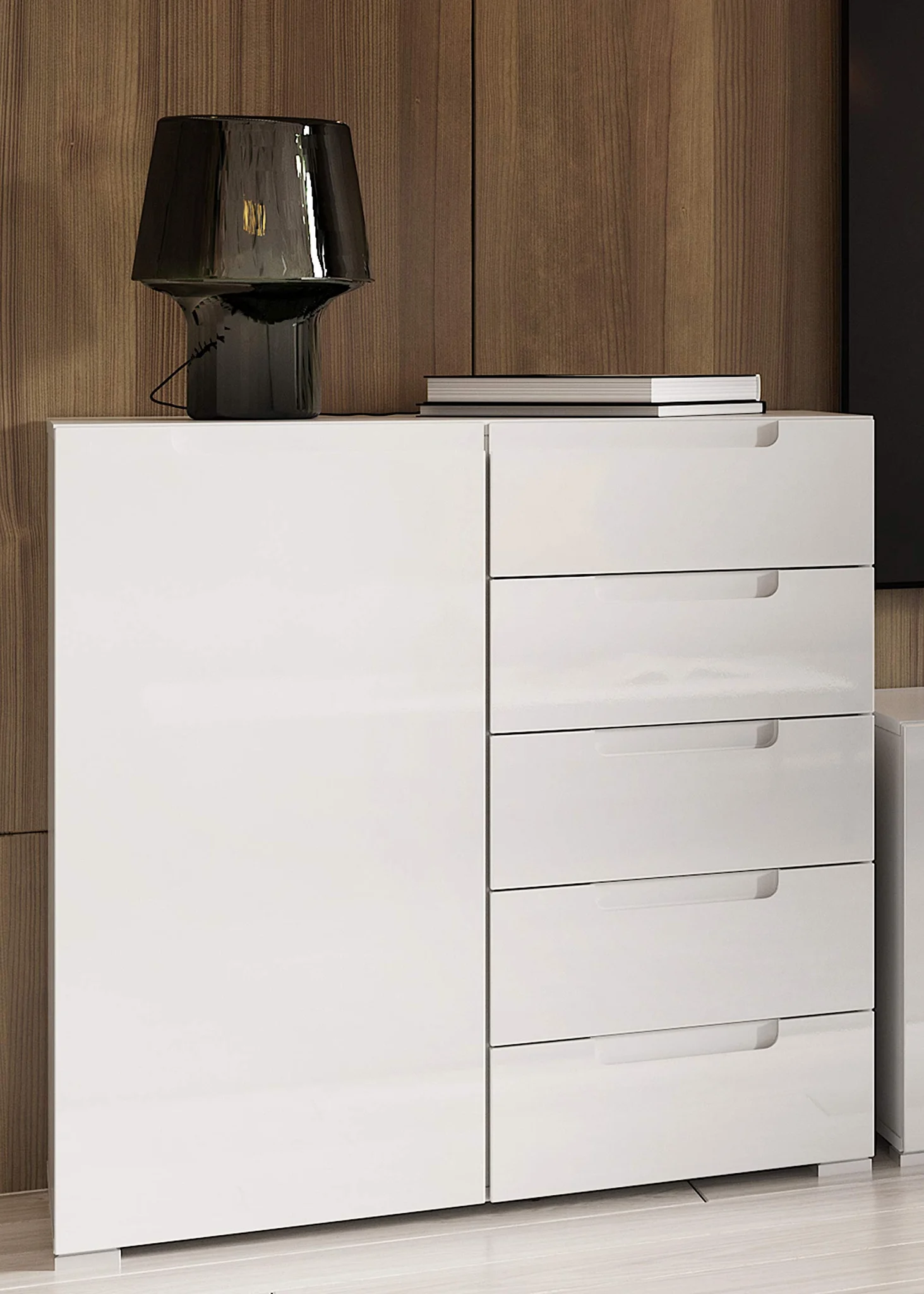 Modern White Gloss Sideboard with Door and 5 Drawers