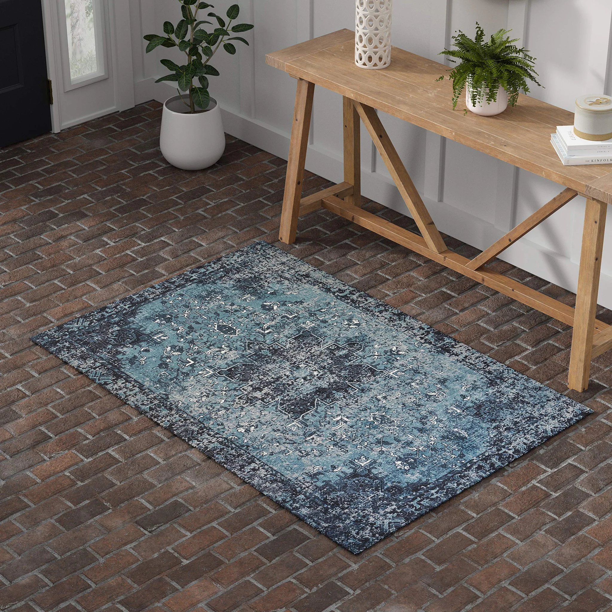 Distressed Vintage Persian Area Rug – Blue Medallion Pattern